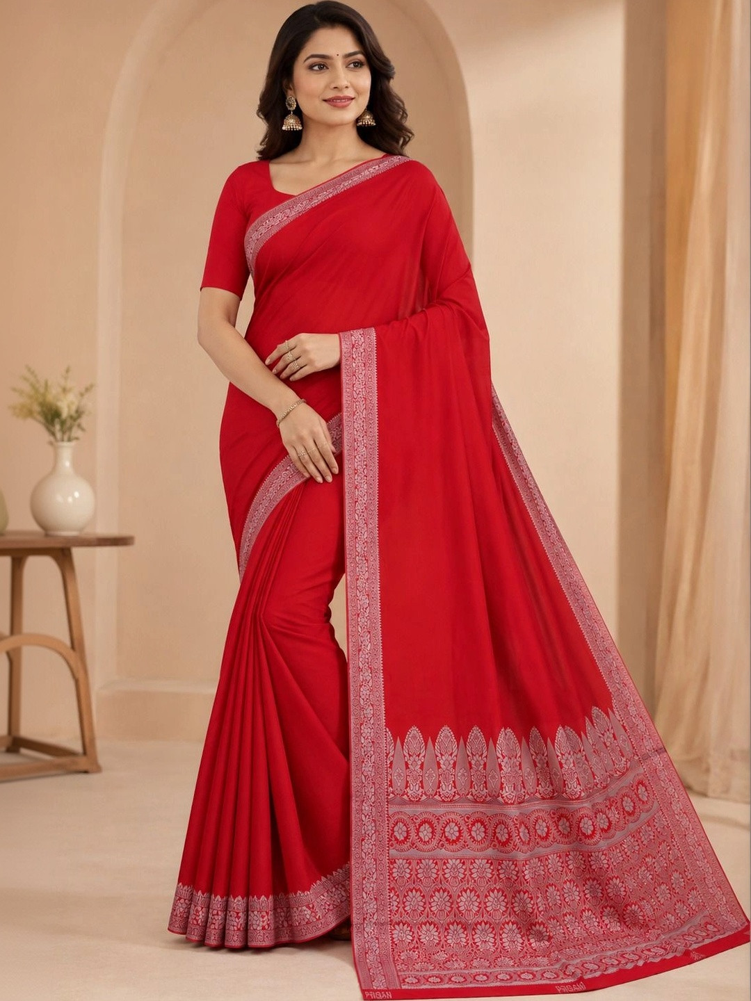 Prisan Women Red Woven Banarasi Soft Silk Saree with Unstitched Blouse