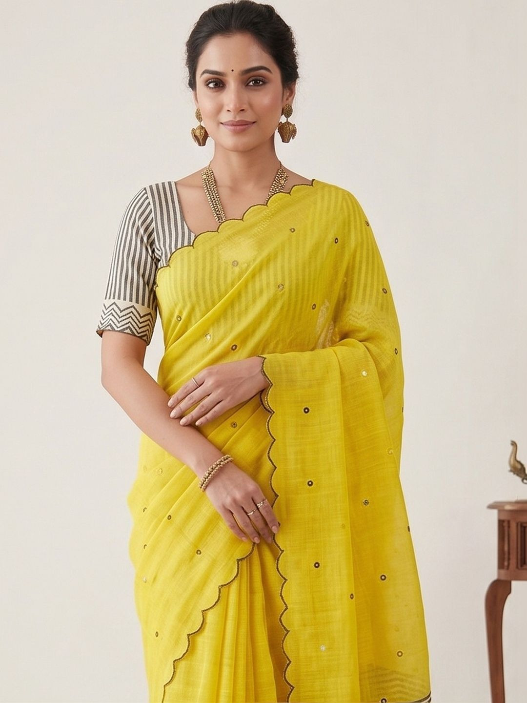 Tankori Embellished Mirror Work Pure Linen Saree