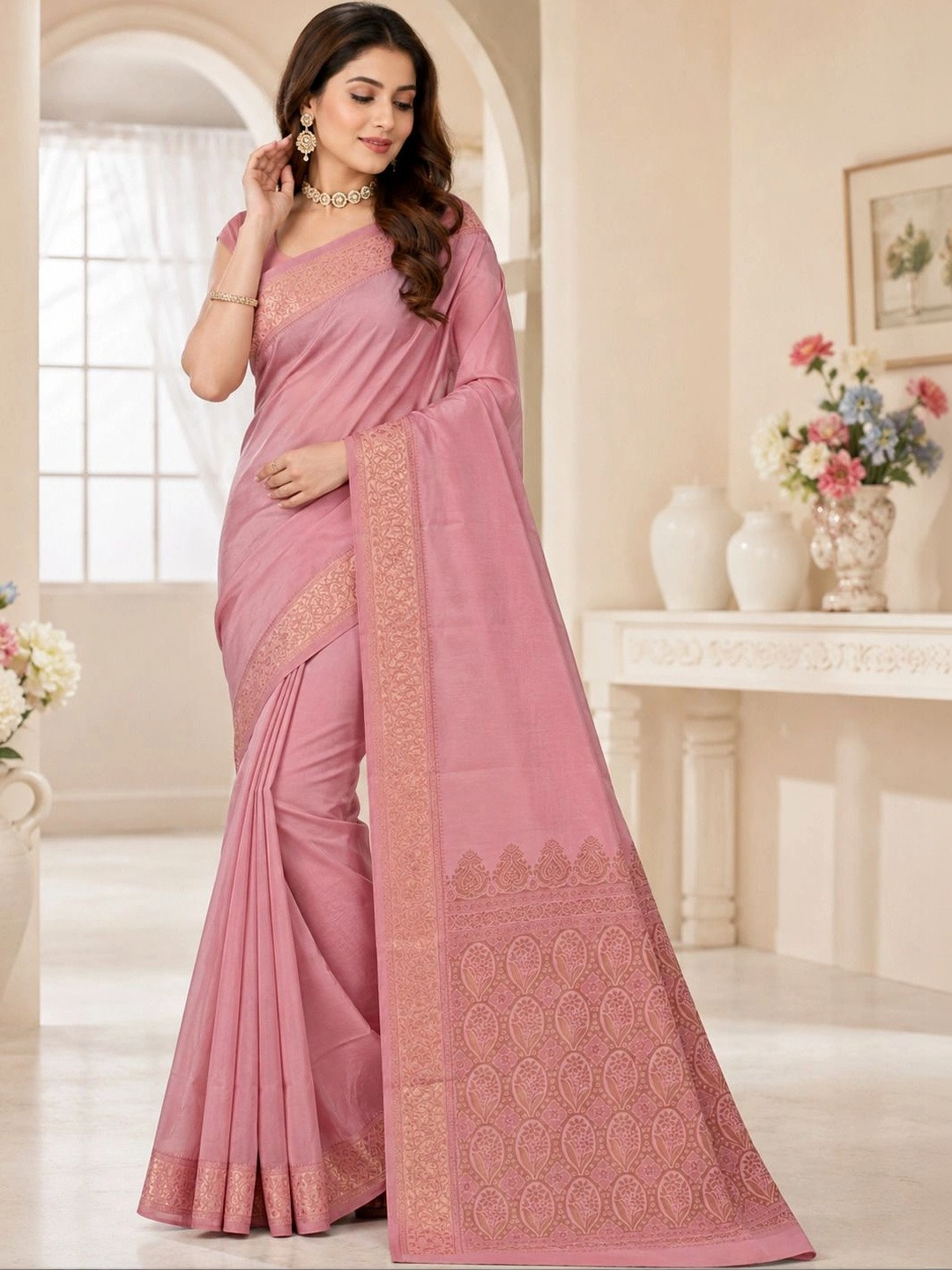 Prisan Women Pink Rose Gold Woven Banarasi Soft Silk Saree with Unstitched Blouse