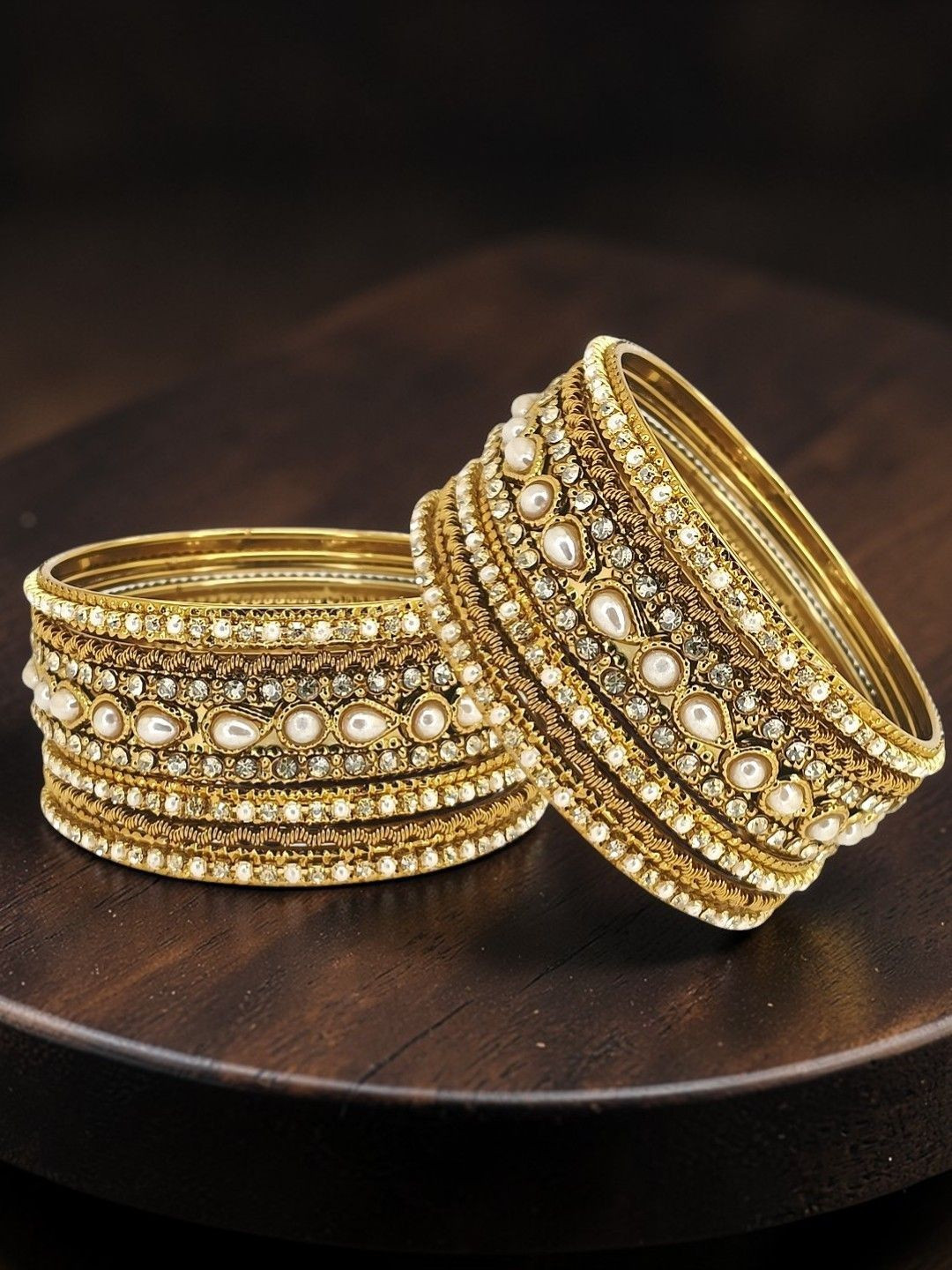 FEMMIBELLA Set Of 10 Gold-Plated Stone Studded & Beaded Bangles