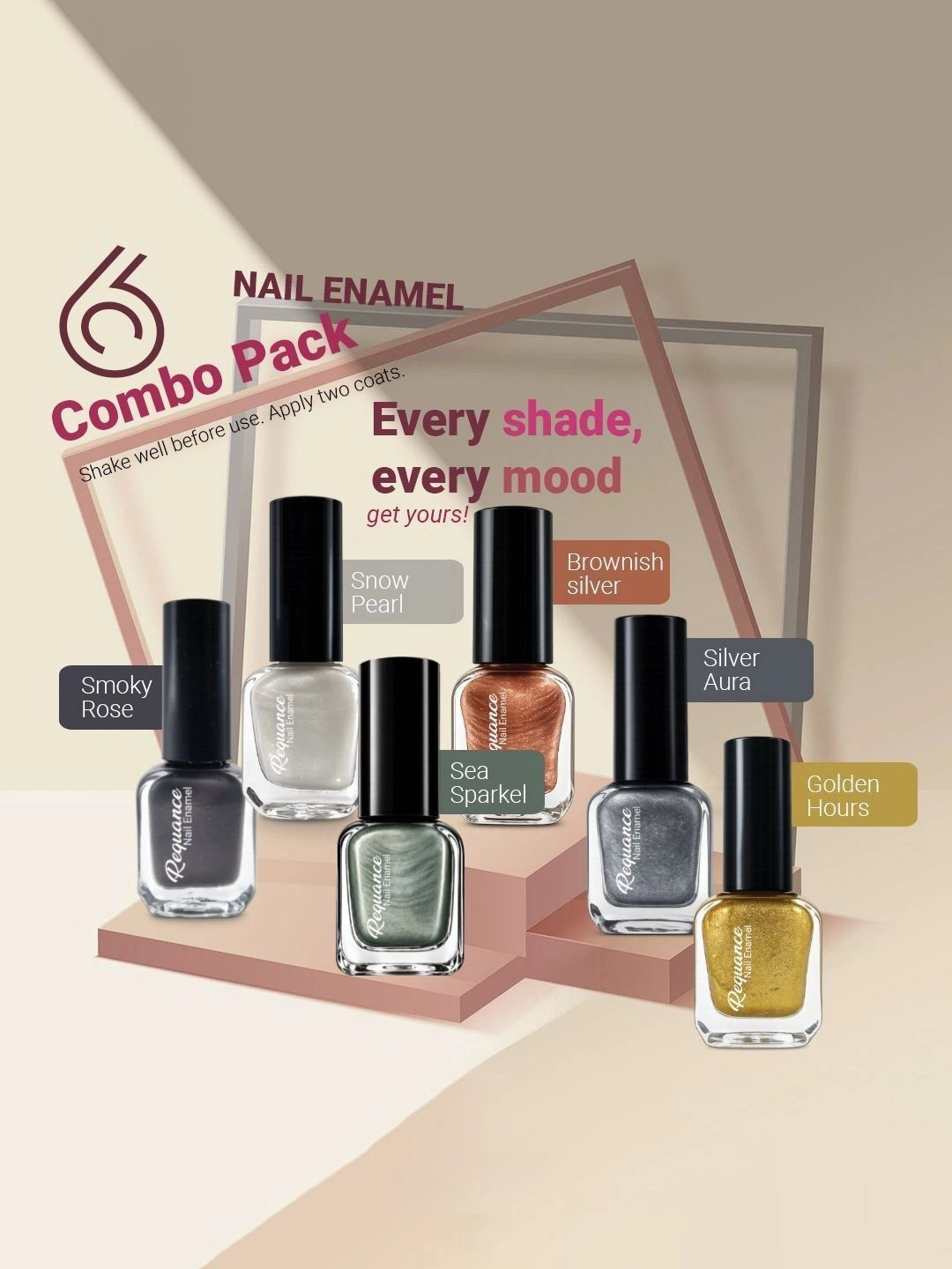 REQUANCE 6Ps LongLasting NailPolish-6ml Each Smoky Rose-Pearl-Brownish-Golden-Aura-Sparkel