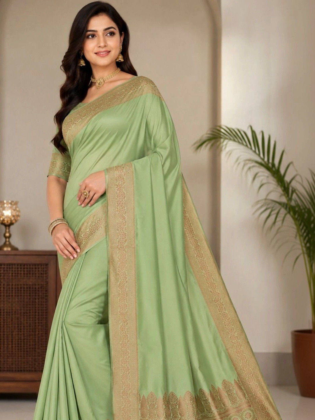 Prisan Women Pista Woven Banarasi Soft Silk Saree with Unstitched Blouse