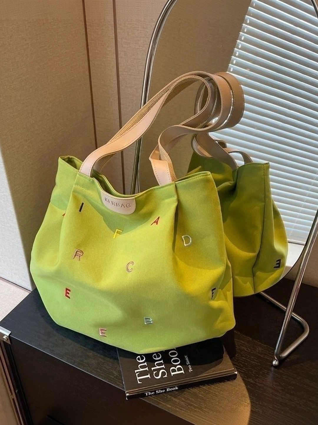 CleverBees Green Printed Canvas Embroidered Tote Bag