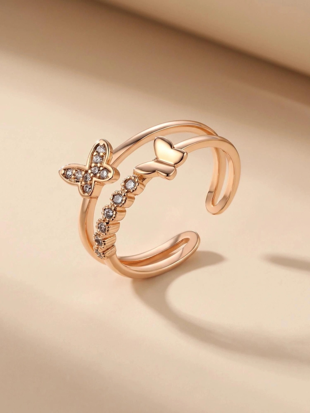 MYKI Rose Gold-Plated CZ-Studded Butterfly Finger Ring