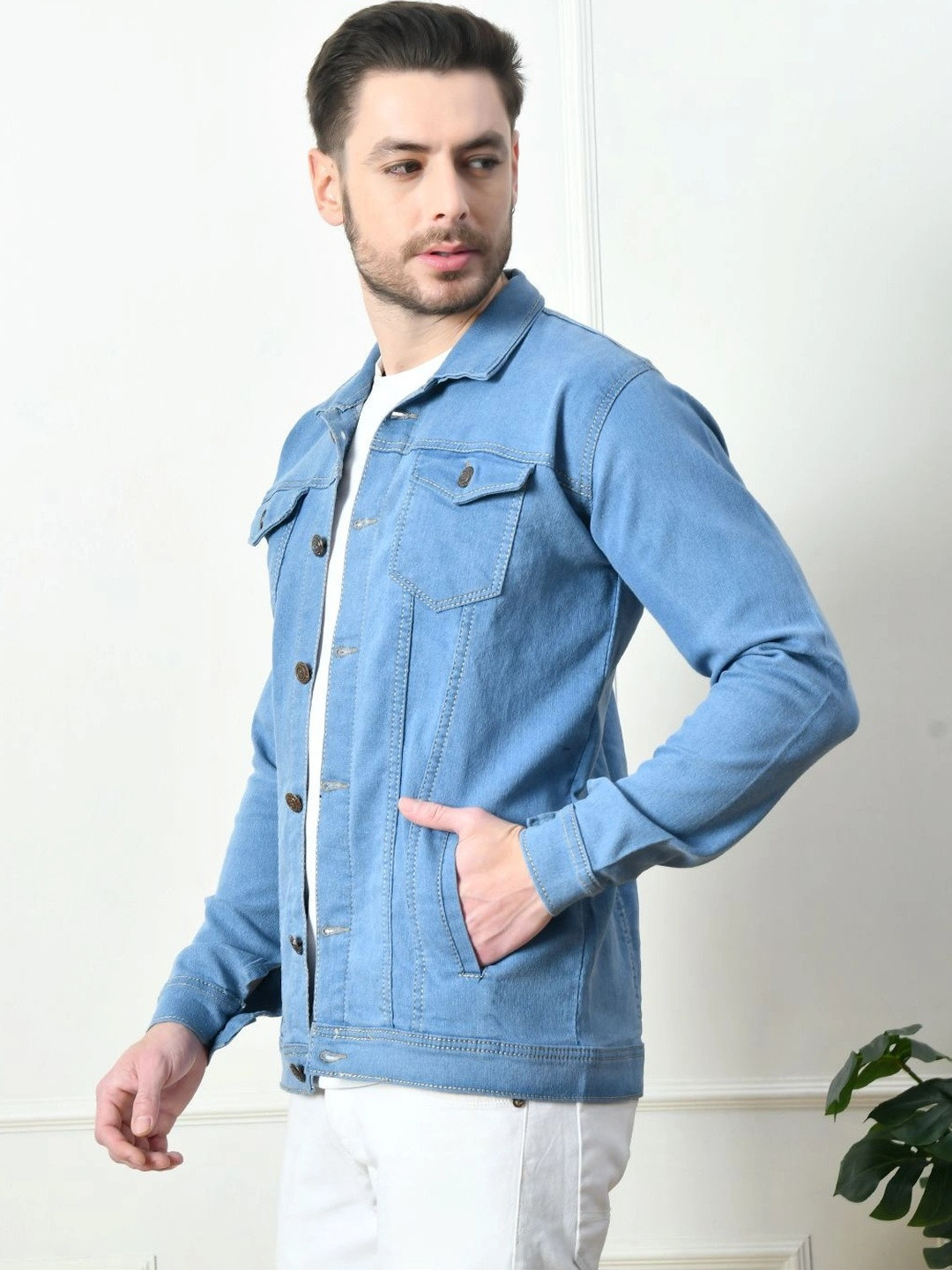 LINARIA Men Spread Collar Solid Denim Jacket