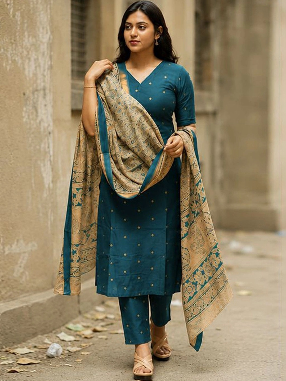 GoSriKi Women Ethnic Motifs Printed Regular Kurta with Trousers & With Dupatta