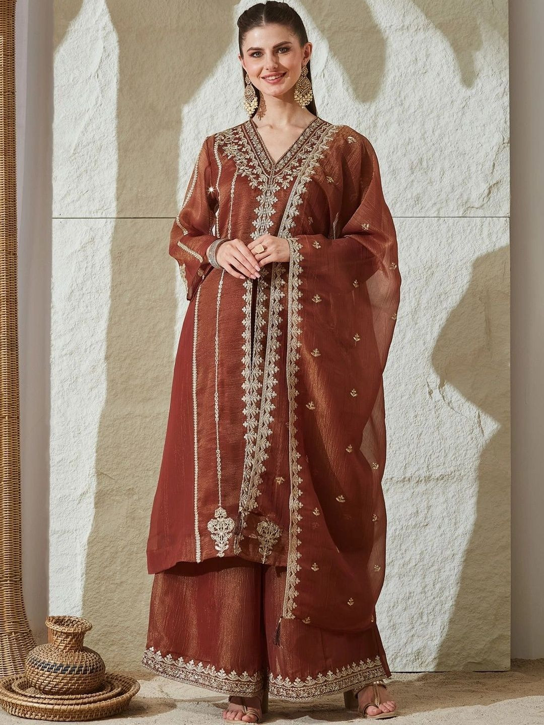 MOKOSH Women Embroidered Anarkali Kurta and Palazzo Set with Dupatta