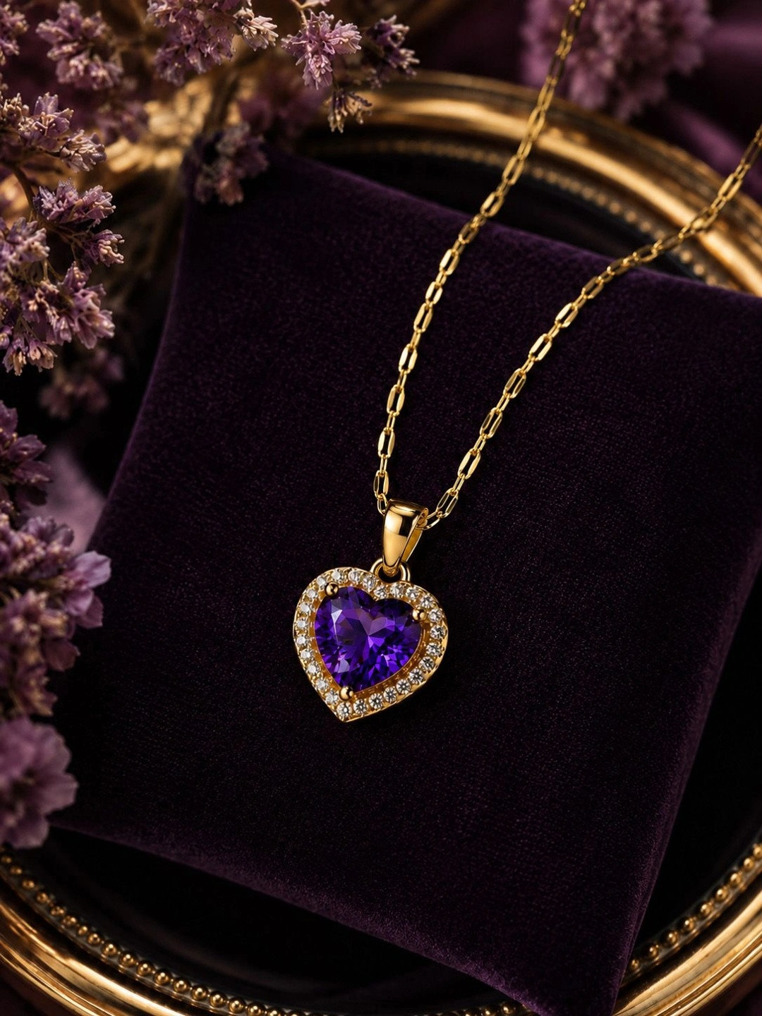 CARIA 18k Gold Plated Anti Tarnish Purple Heart Pendant Necklace