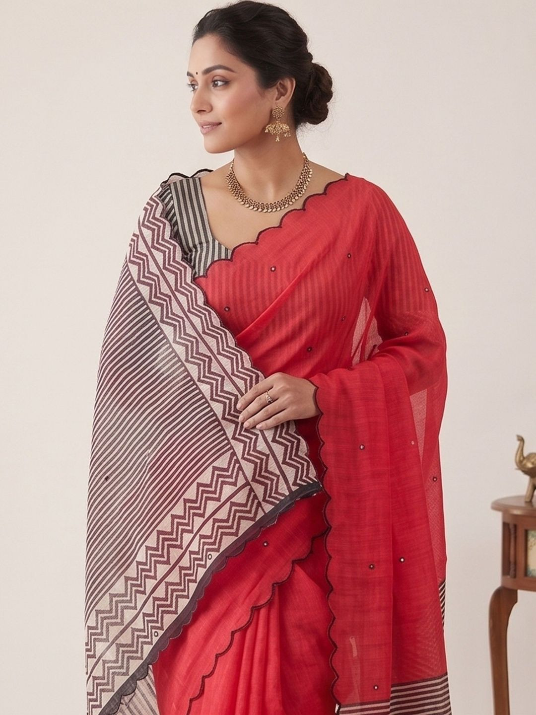Tankori Embellished Mirror Work Pure Linen Saree