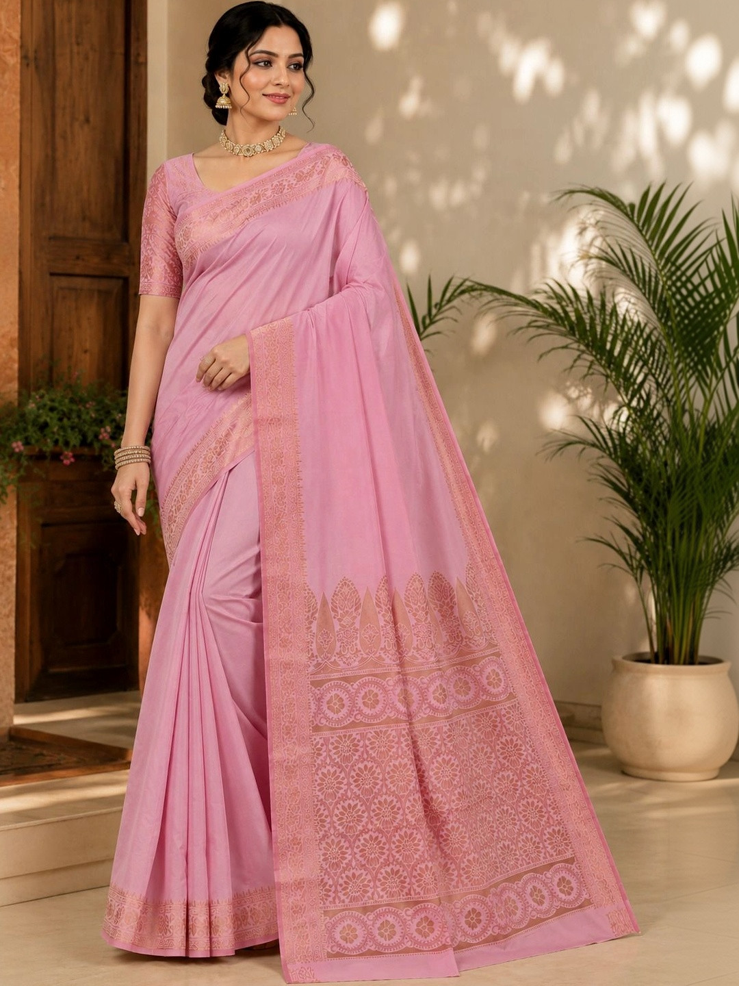 Prisan Women Pink Woven Banarasi Soft Silk Saree with Unstitched Blouse