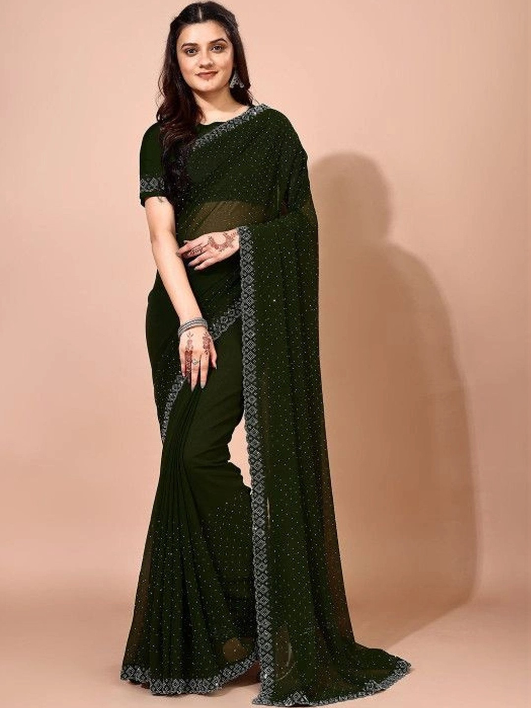 Leelavati Women Green Embellished Beads and Stones Pure Chiffon Saree
