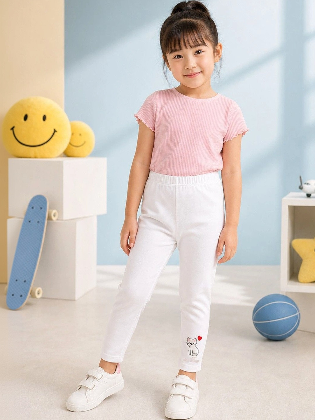 YK Girls Printed Pure Cotton Mid Rise Leggings