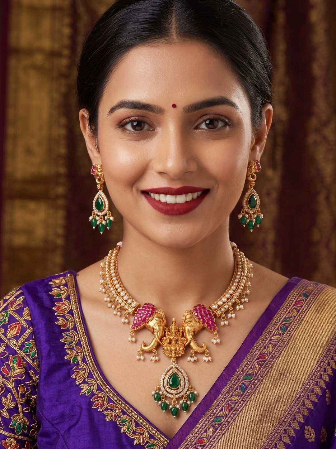 Nui Gold-Plated Temple Stone Studded & Beaded Necklace and Earrings