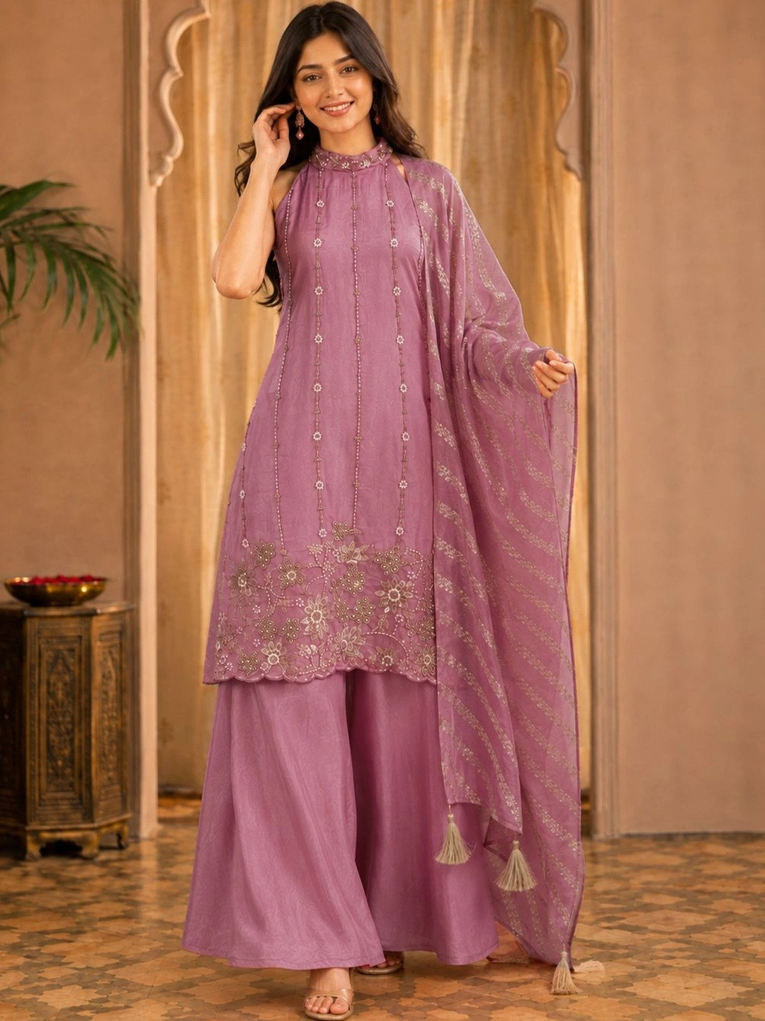 House of Pataudi Women Ethnic Embroidered Thread Work Raw Silk Kurta with Sharara