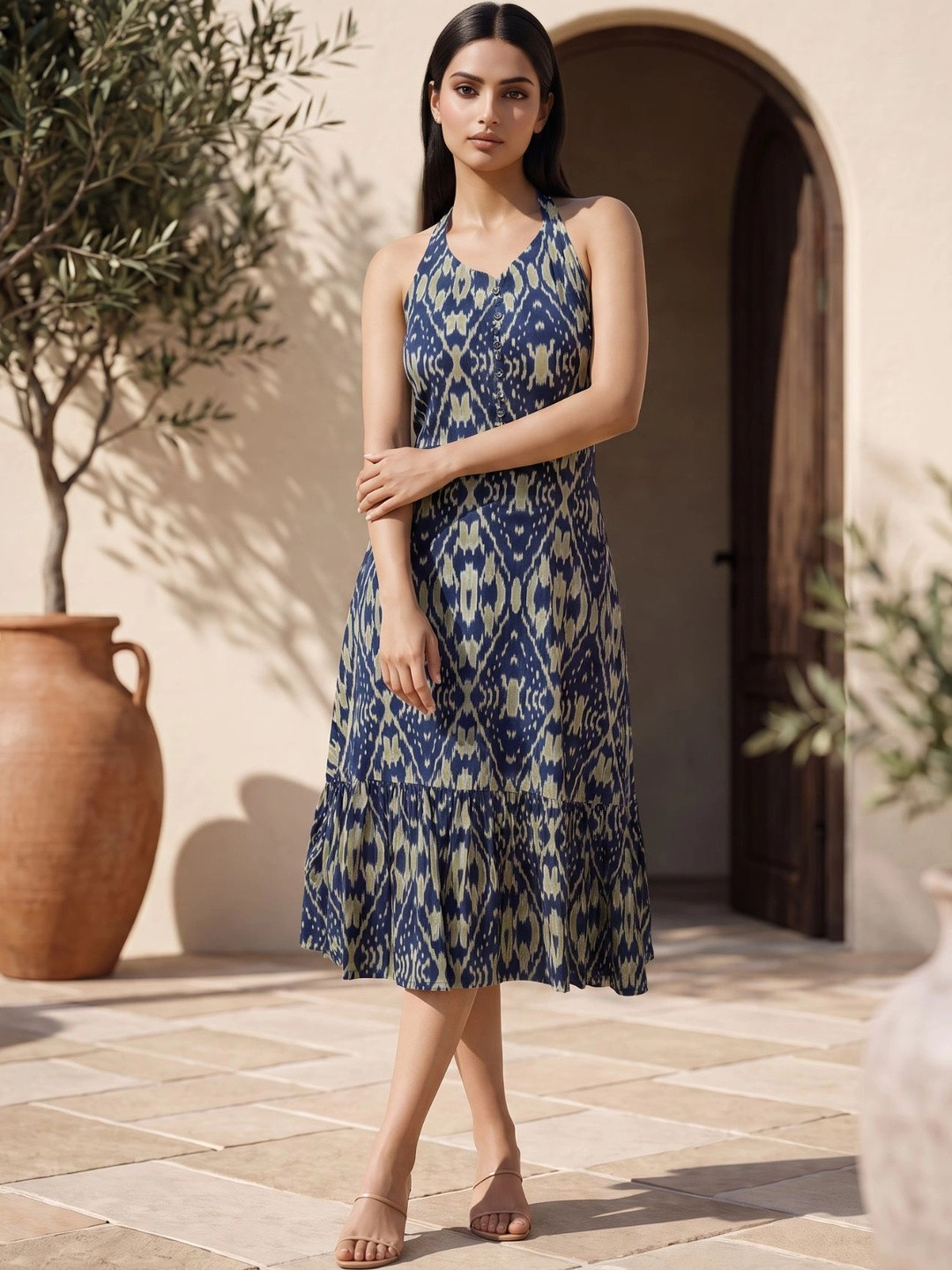YUVITY Print Halter Neck A-Line Midi Dress