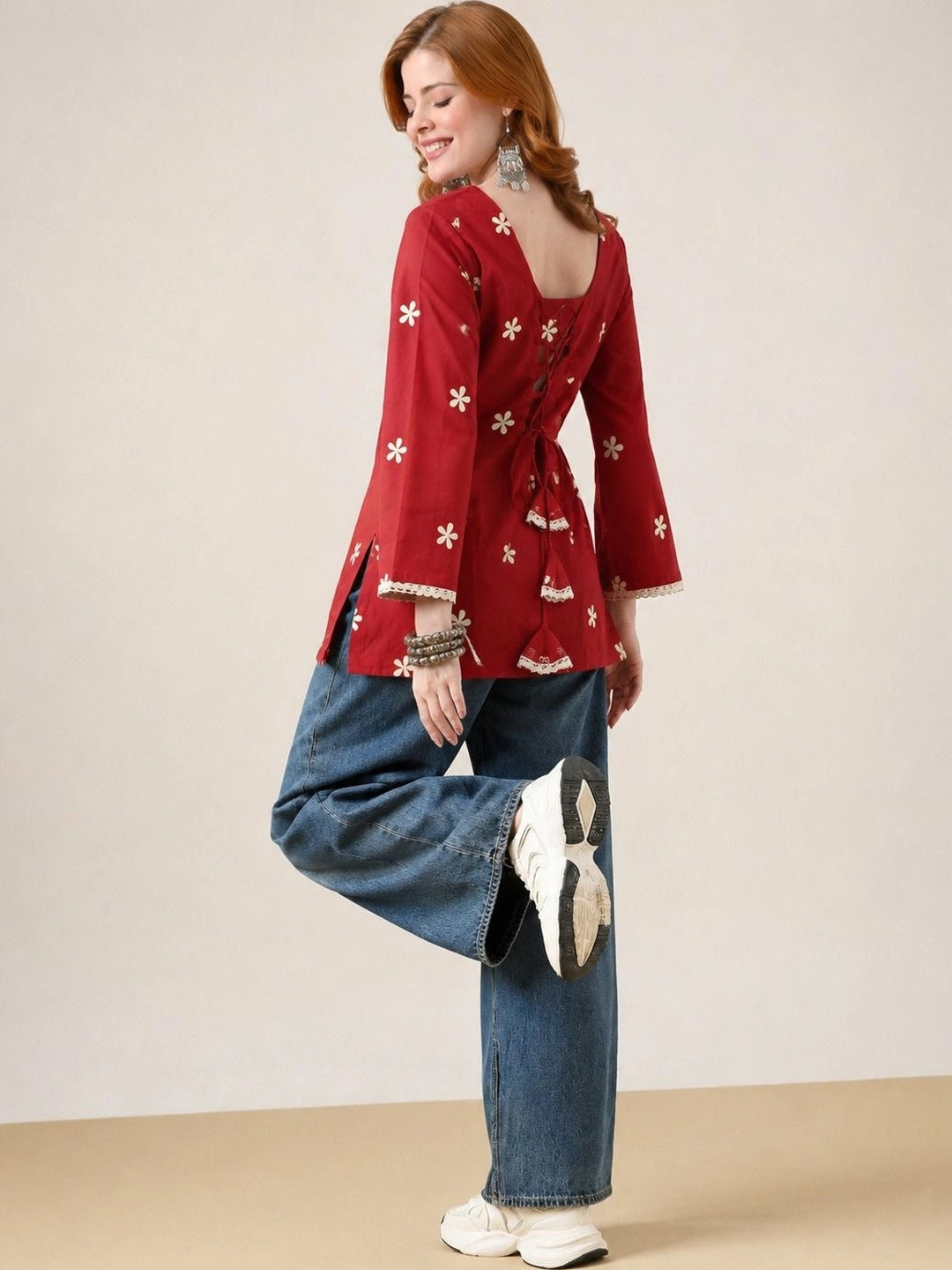 PHYSIL Floral Embroidered V-Neck Pure Cotton Kurti