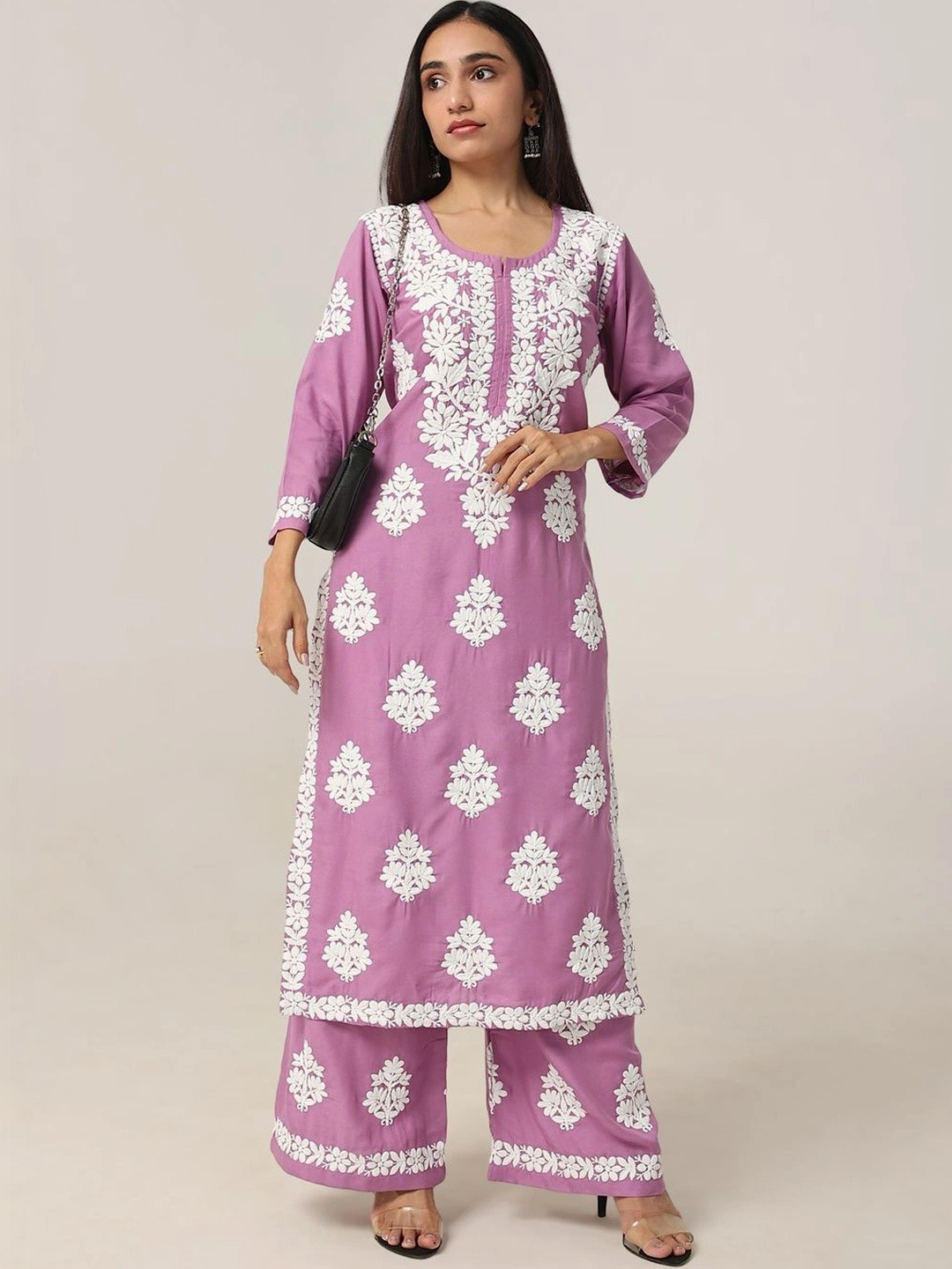 colorkosh Women Ethnic Motifs Embroidered Regular Chikankari Kurta with Palazzos