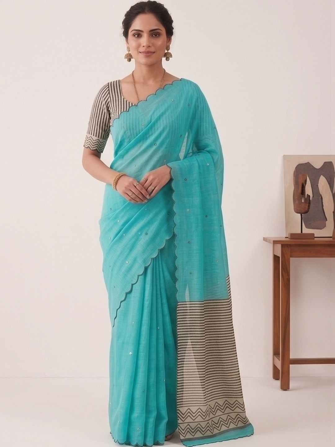Tankori Striped Mirror Work Pure Linen Saree