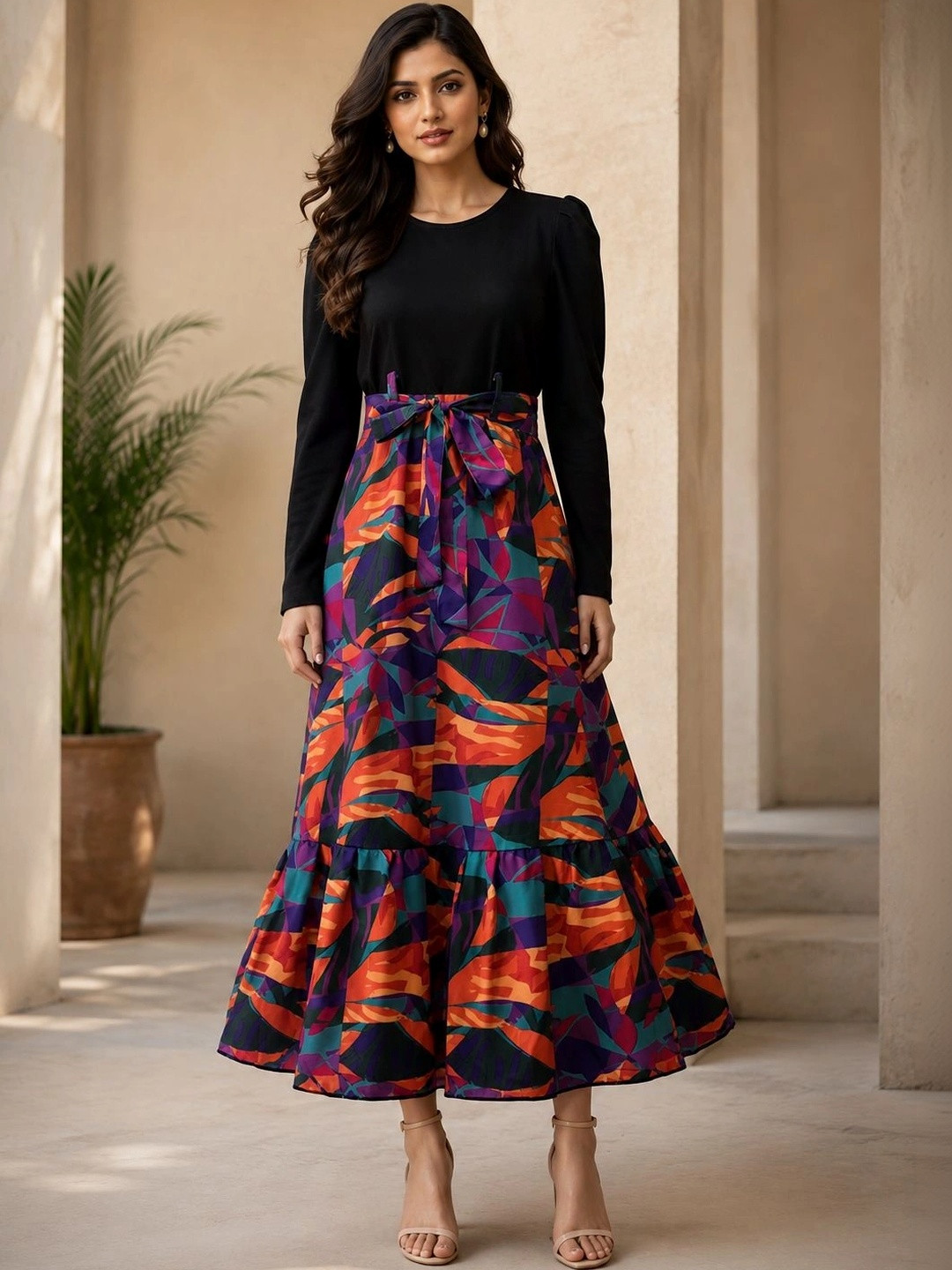 BLACKBERRYS WOMENS Print Puff Sleeve A-Line Midi Dress