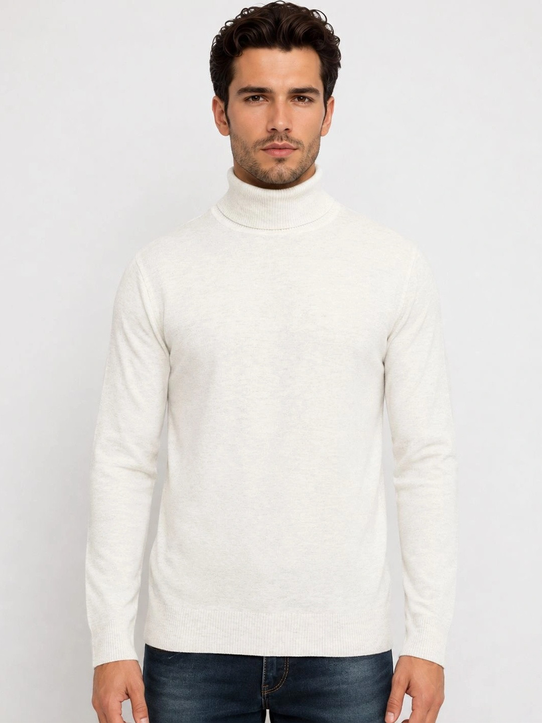 Status Quo Men Ribbed Hemline Turtle Neck Pullover Acrylic Sweater