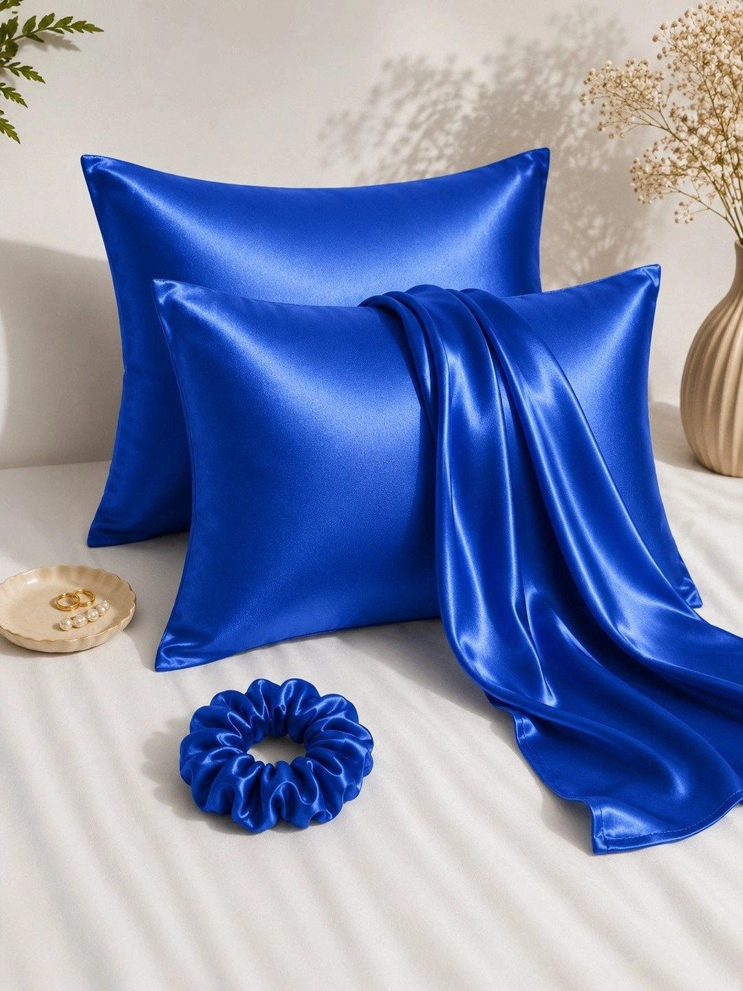 Myntra Elegant Homes Blue 2 Pieces Solid Pure Silk Blend Rectangle Pillow Covers