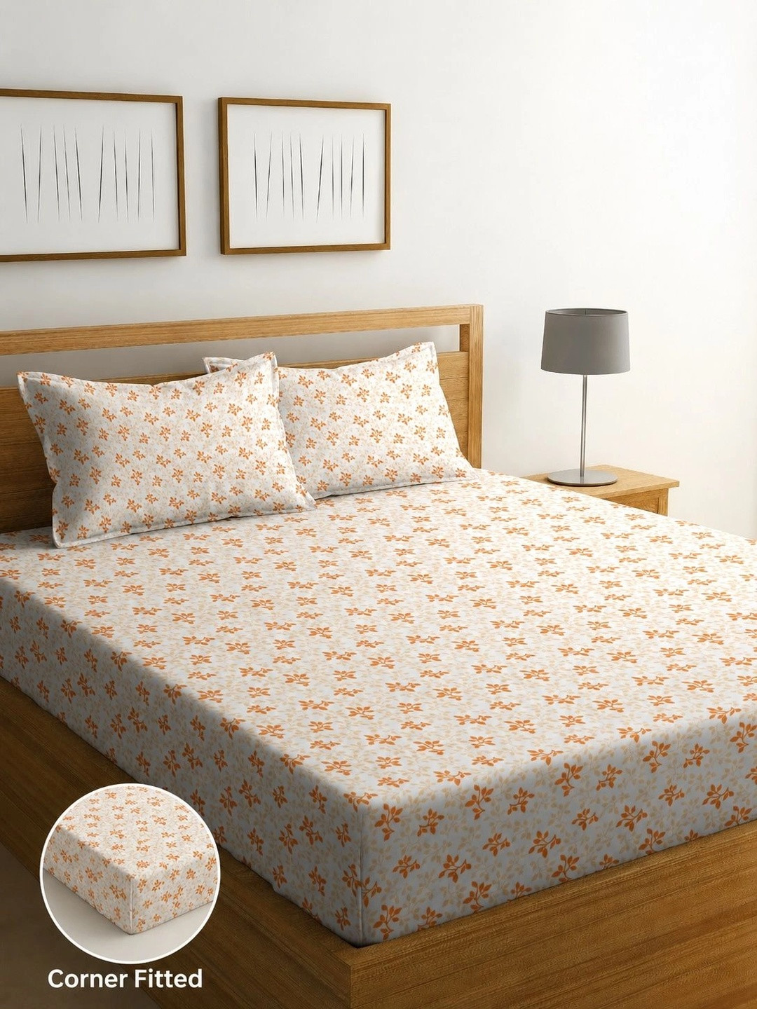 IWS White Floral 144 TC Double Bedsheet with 2 Pillow Covers