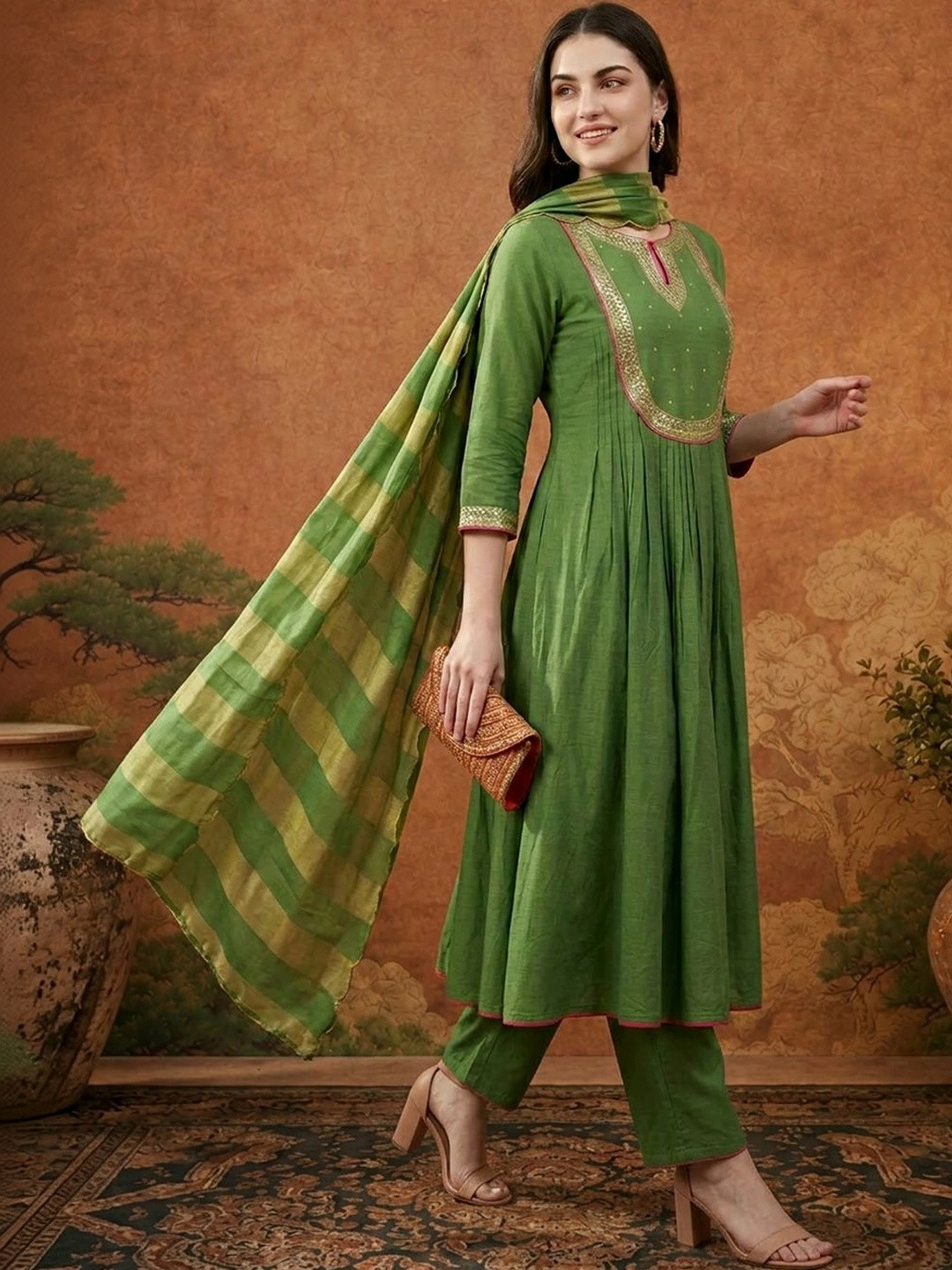 Sangria Women Empire Sequinned Chanderi Silk Kurta with Trousers & With Dupatta