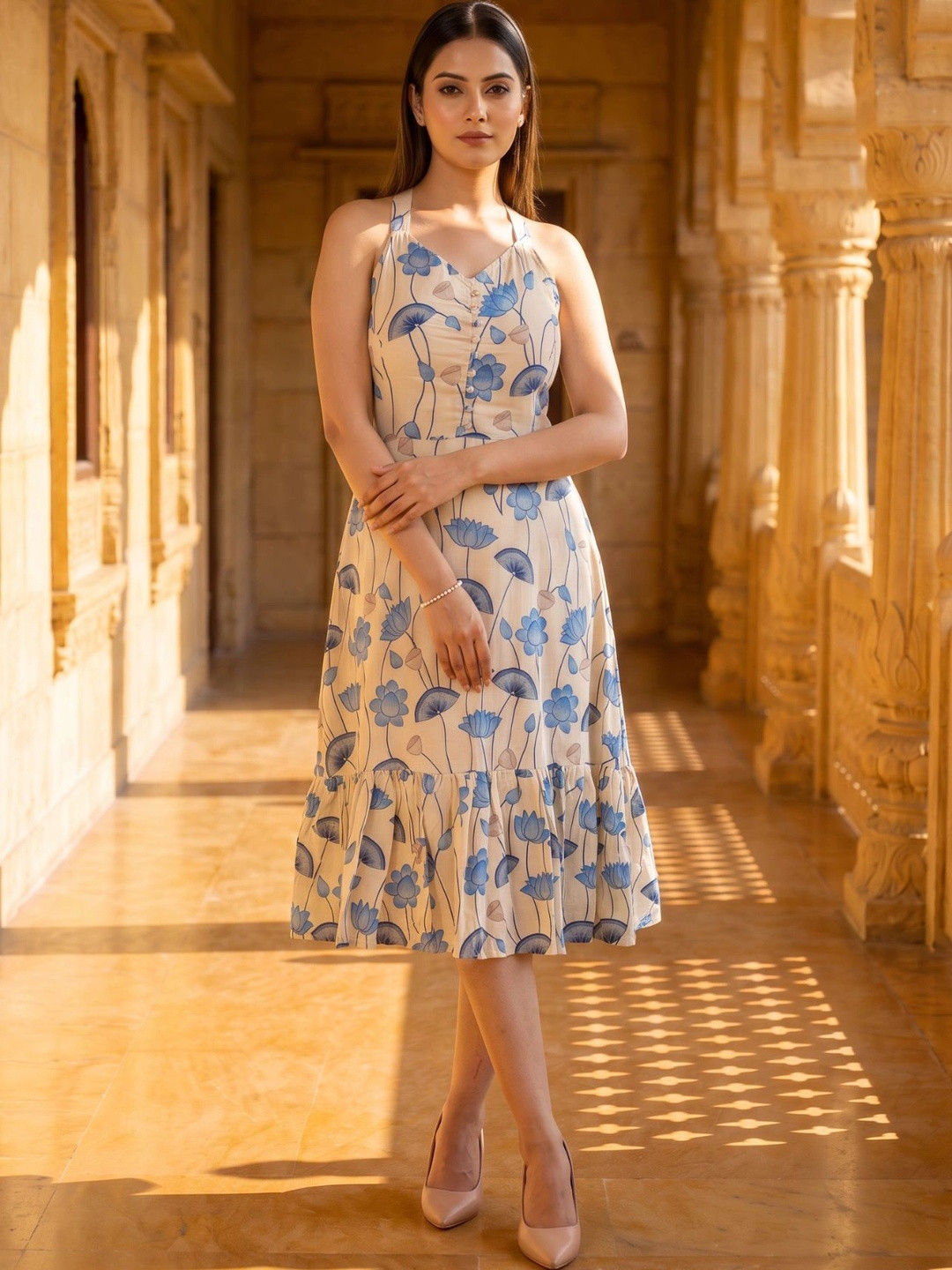 YUVITY Floral Print Halter Neck A-Line Dress