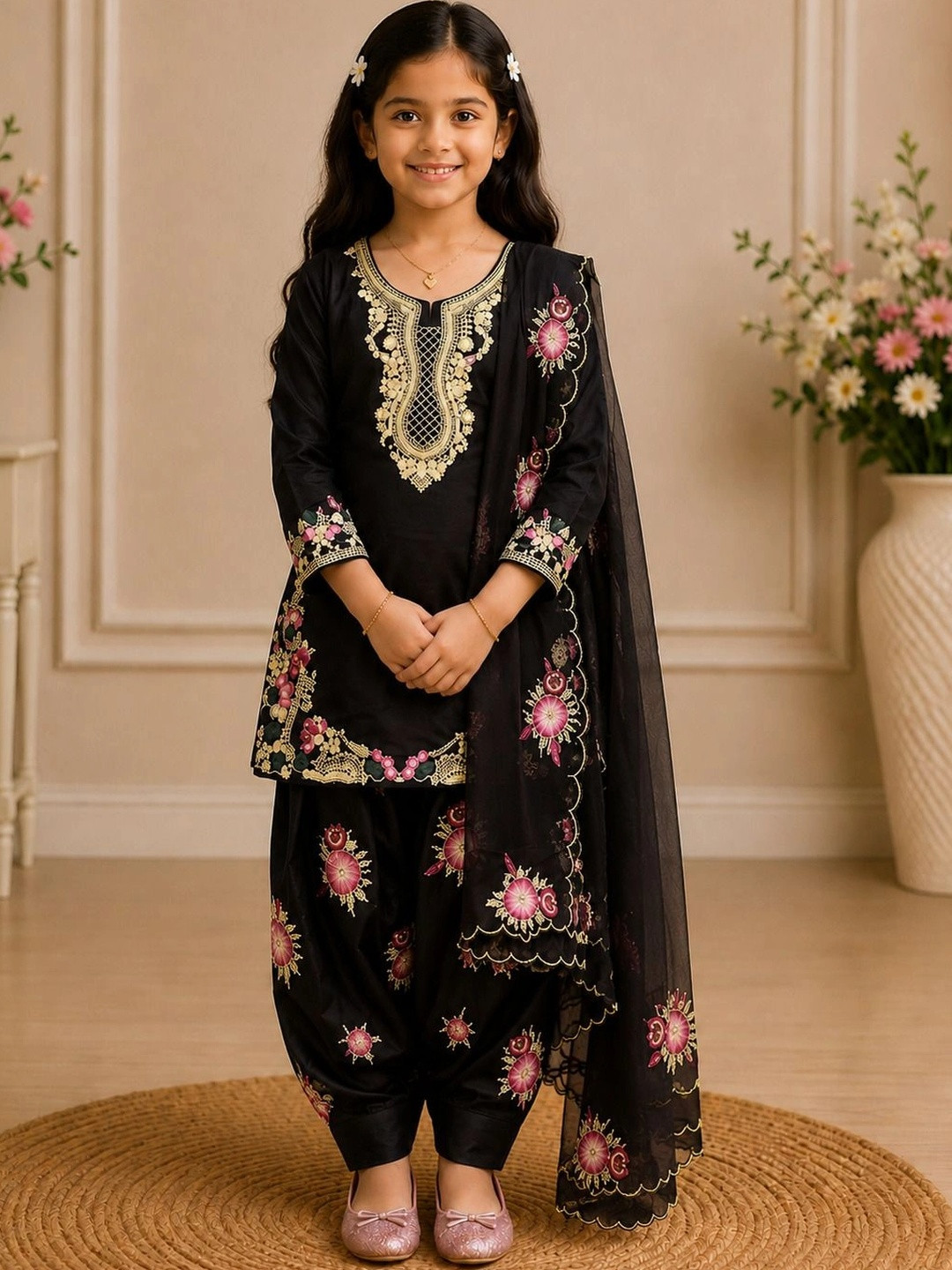 KALINI Girls Floral Embroidered Regular Thread Work Silk Crepe Kurta with Patiala & With Dupatta