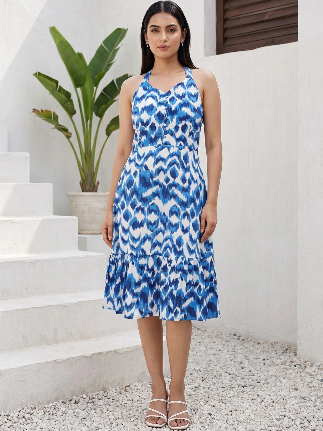 YUVITY Print Halter Neck Ruffled A-Line Dress
