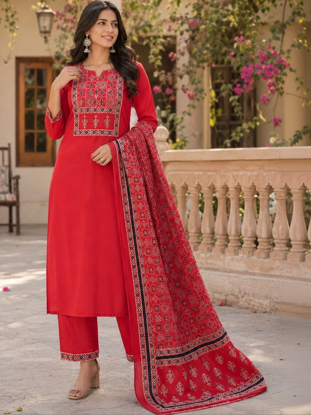 Anouk Women Ethnic Motifs Embroidered Regular Thread Work Pure Cotton Kurta with Trousers & With Dupatta