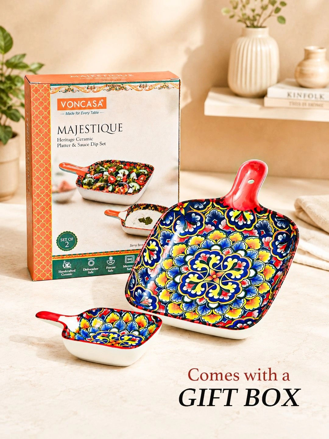 MARKET99 Set Of 2 Ceramic Fry Pan Dish with Small Chutney Bowl Dish