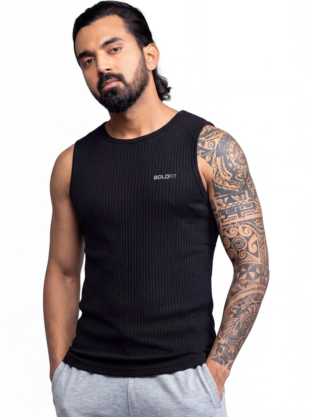 BOLDFIT Black Breathable Cotton Innerwear Gym Vest