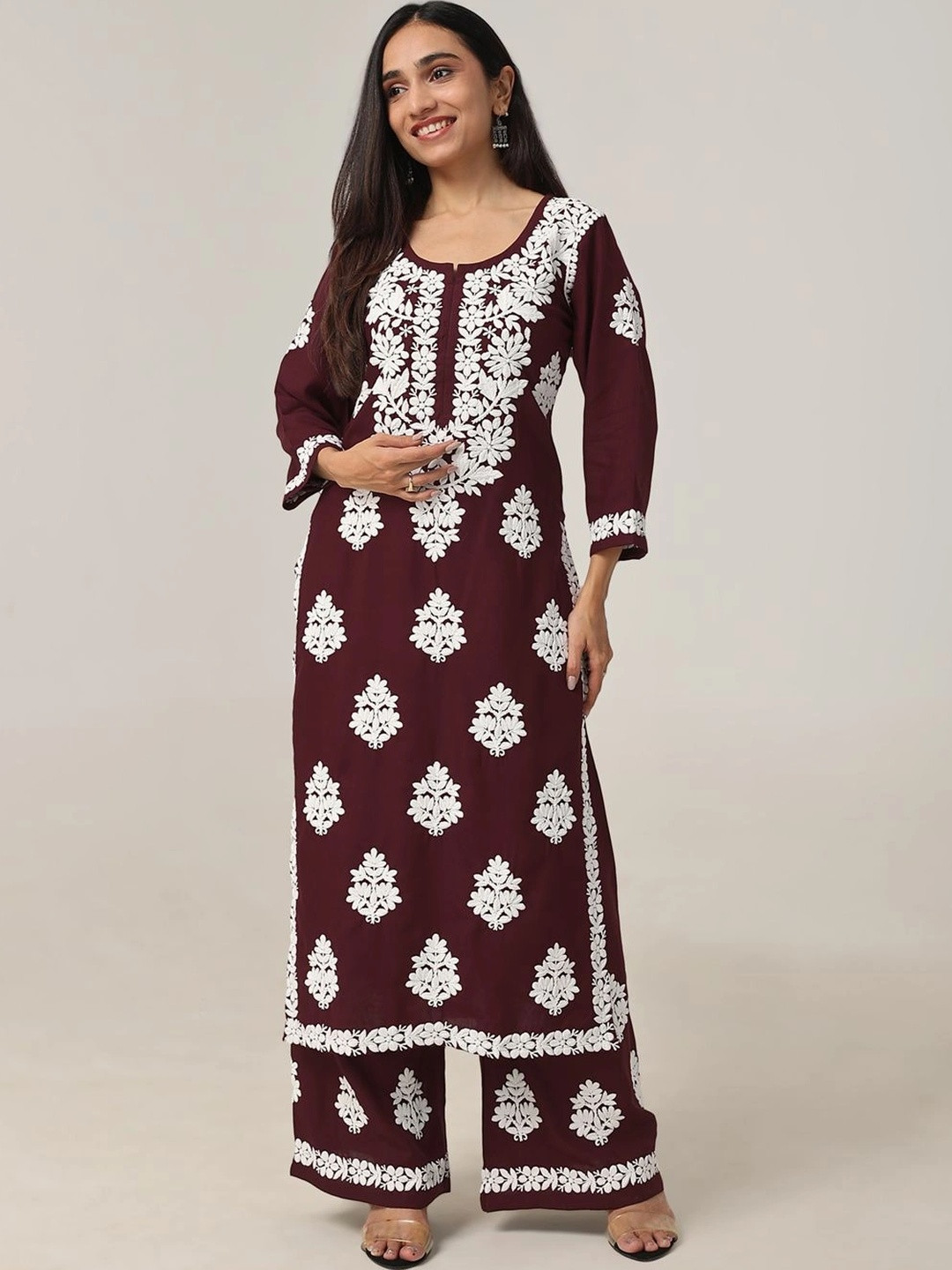 colorkosh Women Ethnic Motifs Embroidered Regular Chikankari Kurta with Palazzos