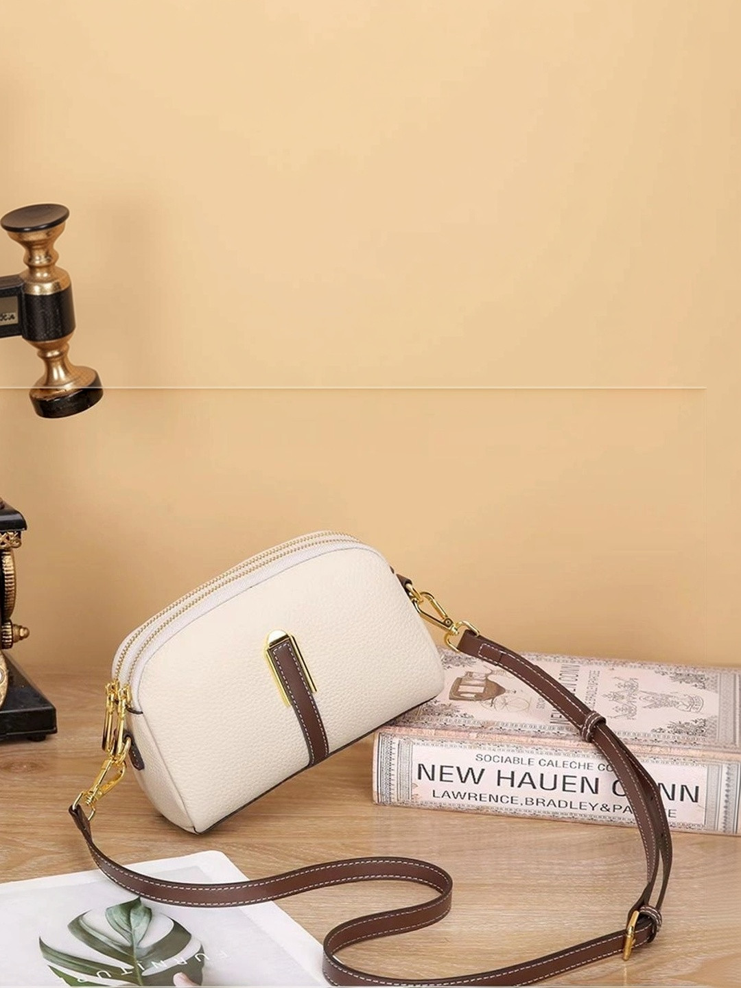 VENITY Beige Pebbled Faux Leather Dual-Zip 2-in-1 Shoulder & Crossbody Handbag