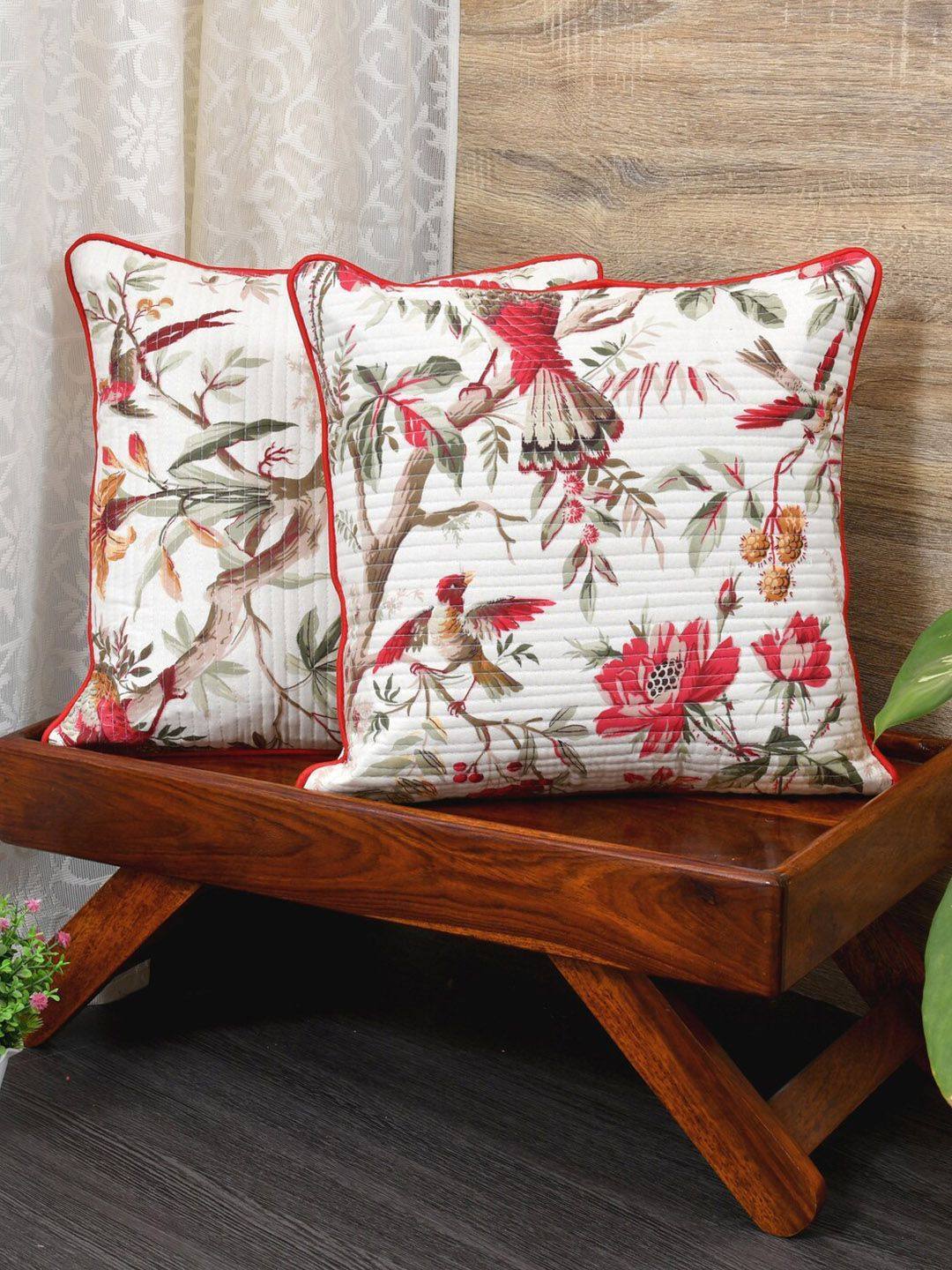 Clasiko White Floral Cotton Lightweight 2 Square Cushion Covers -20x20In
