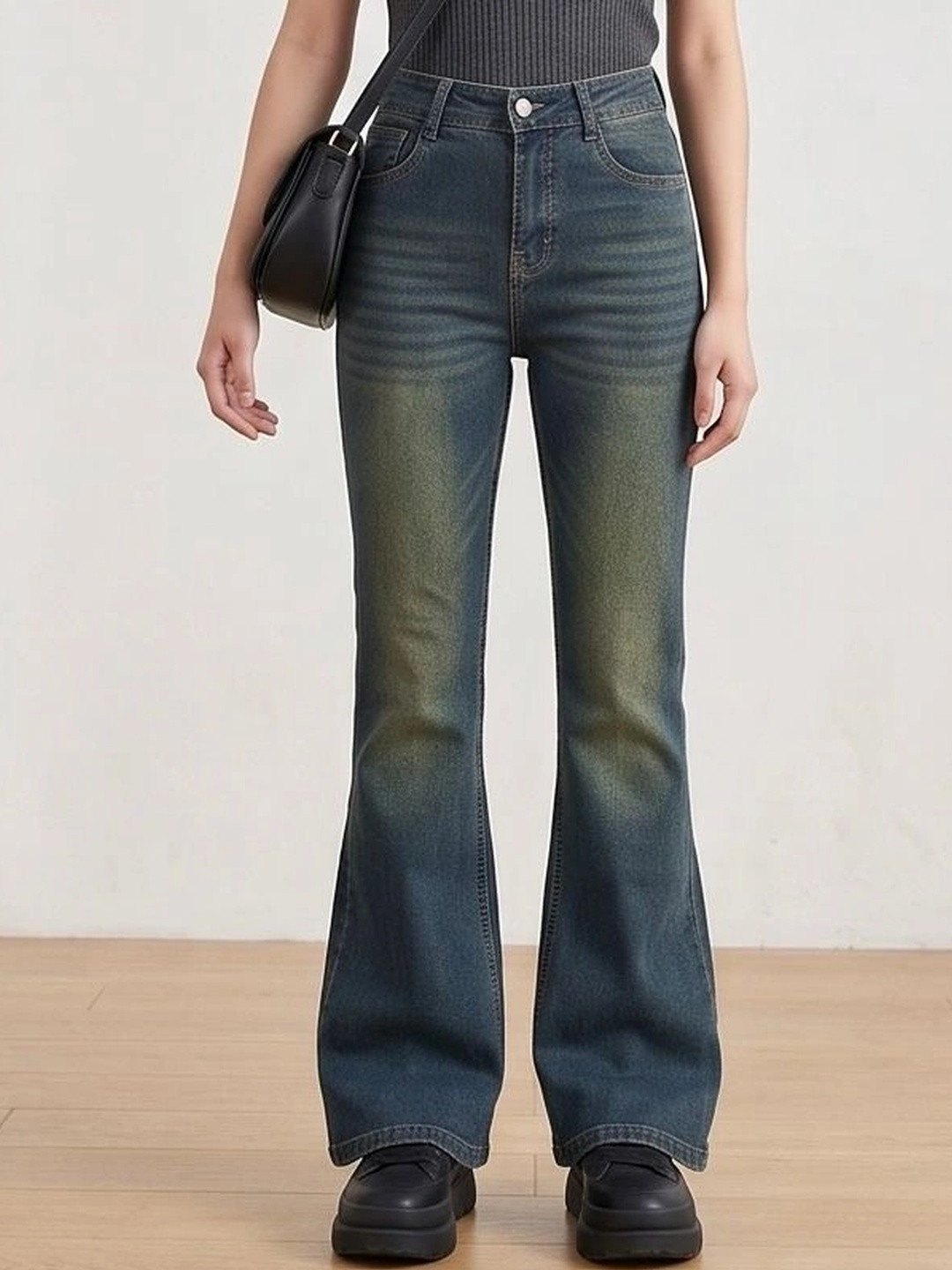 MERCEL Women Comfort Bootcut High-Rise Low Distress Heavy Fade Stretchable Jeans