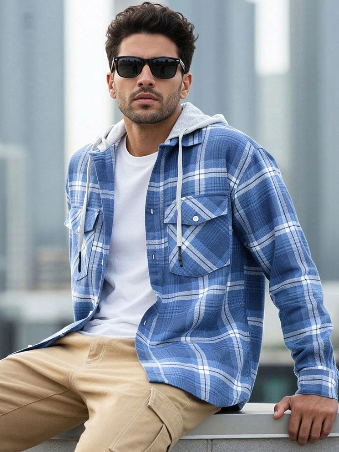 Bewakoof Men Blue & White Checked Relaxed Fit Hooded Shirt