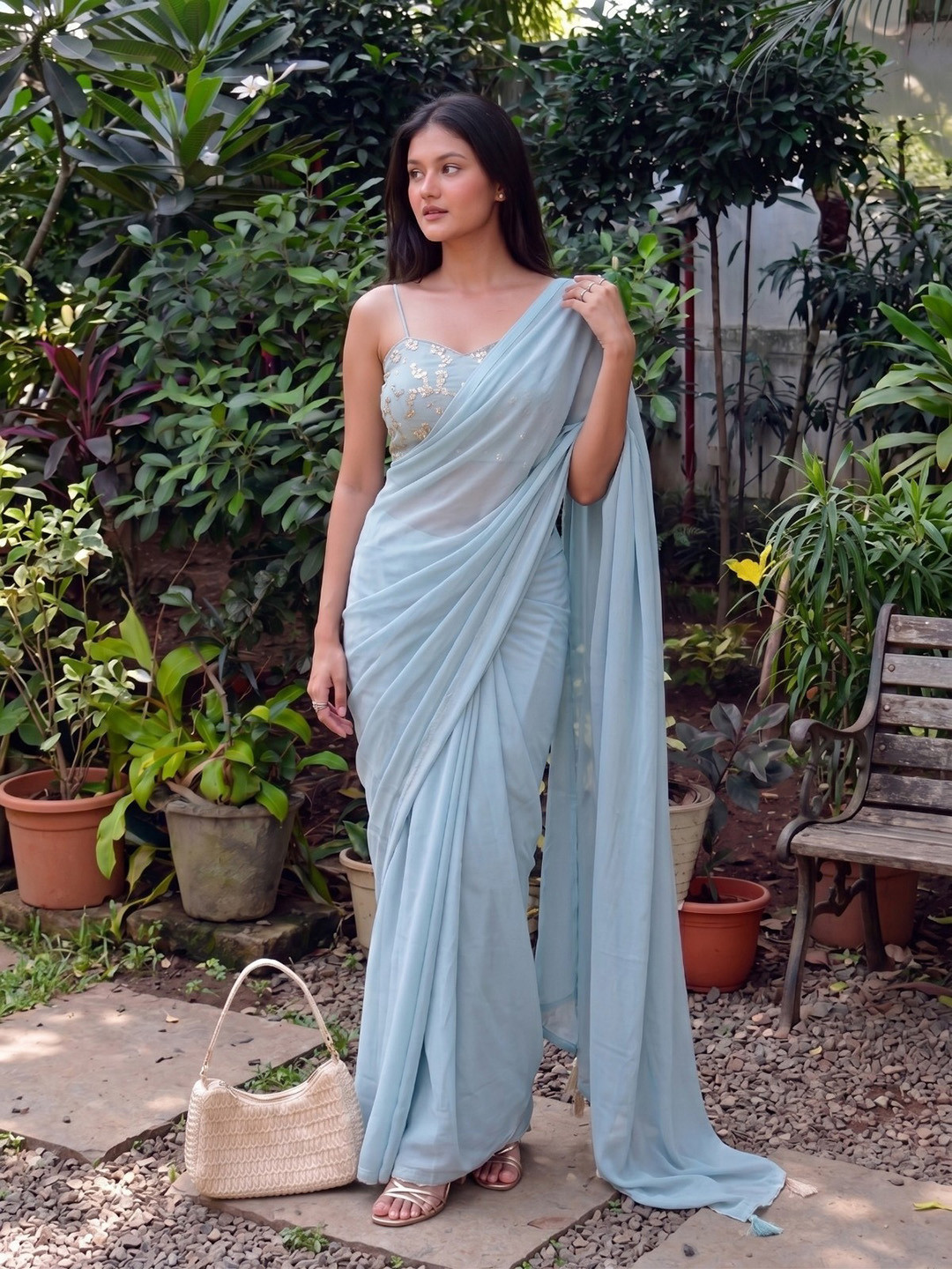 Shreevally Floral Embroidered Poly Georgette Designer Saree