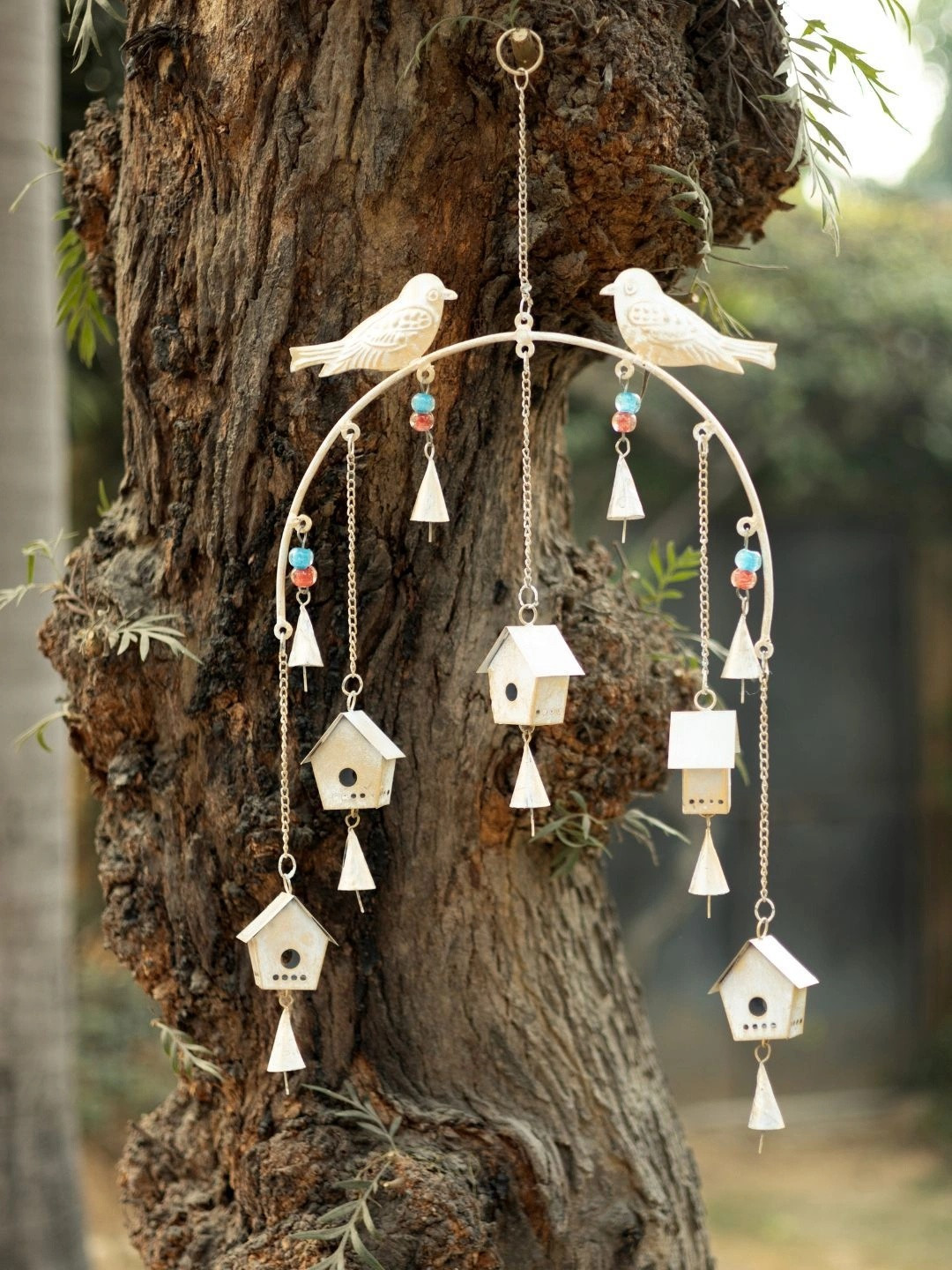 DULI White & Red Birdhouse Windchime With Hanging Bell