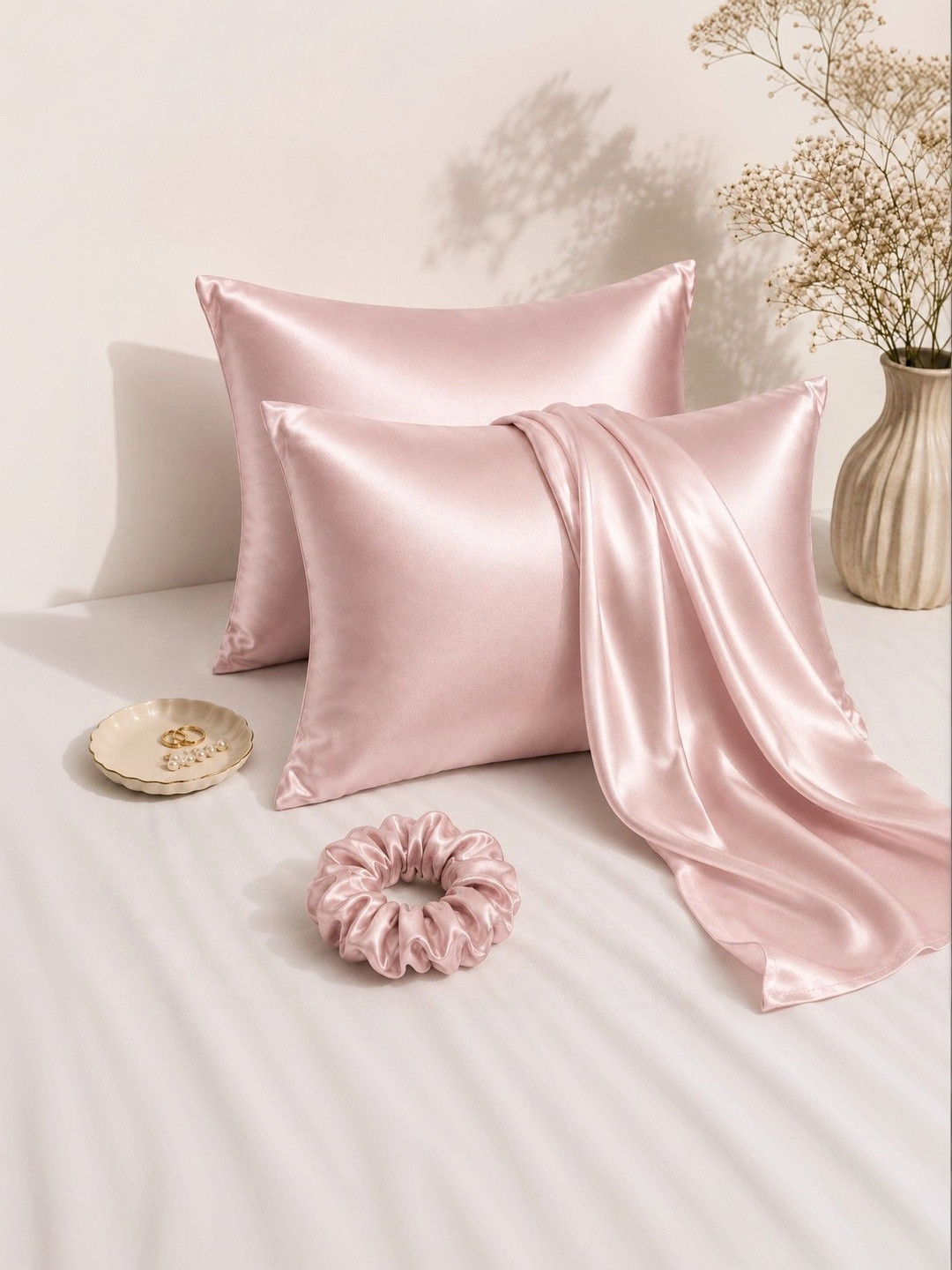 Myntra Elegant Homes Pink 2 Pieces Solid Pure Silk Blend Rectangle Pillow Covers