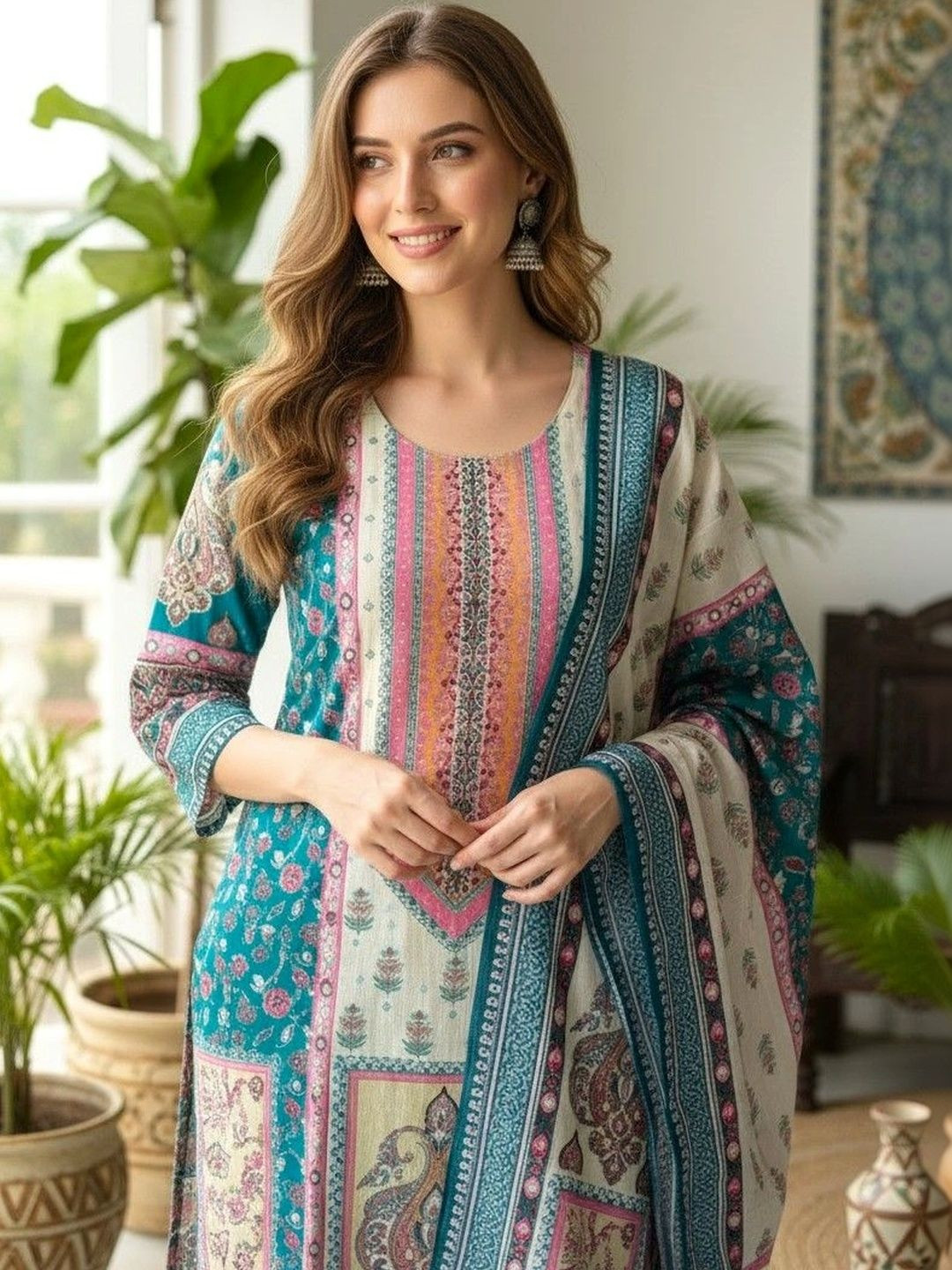 Anouk Women Ethnic Motifs Printed Regular Thread Work Pure Cotton Kurta with Trousers & With Dupatta
