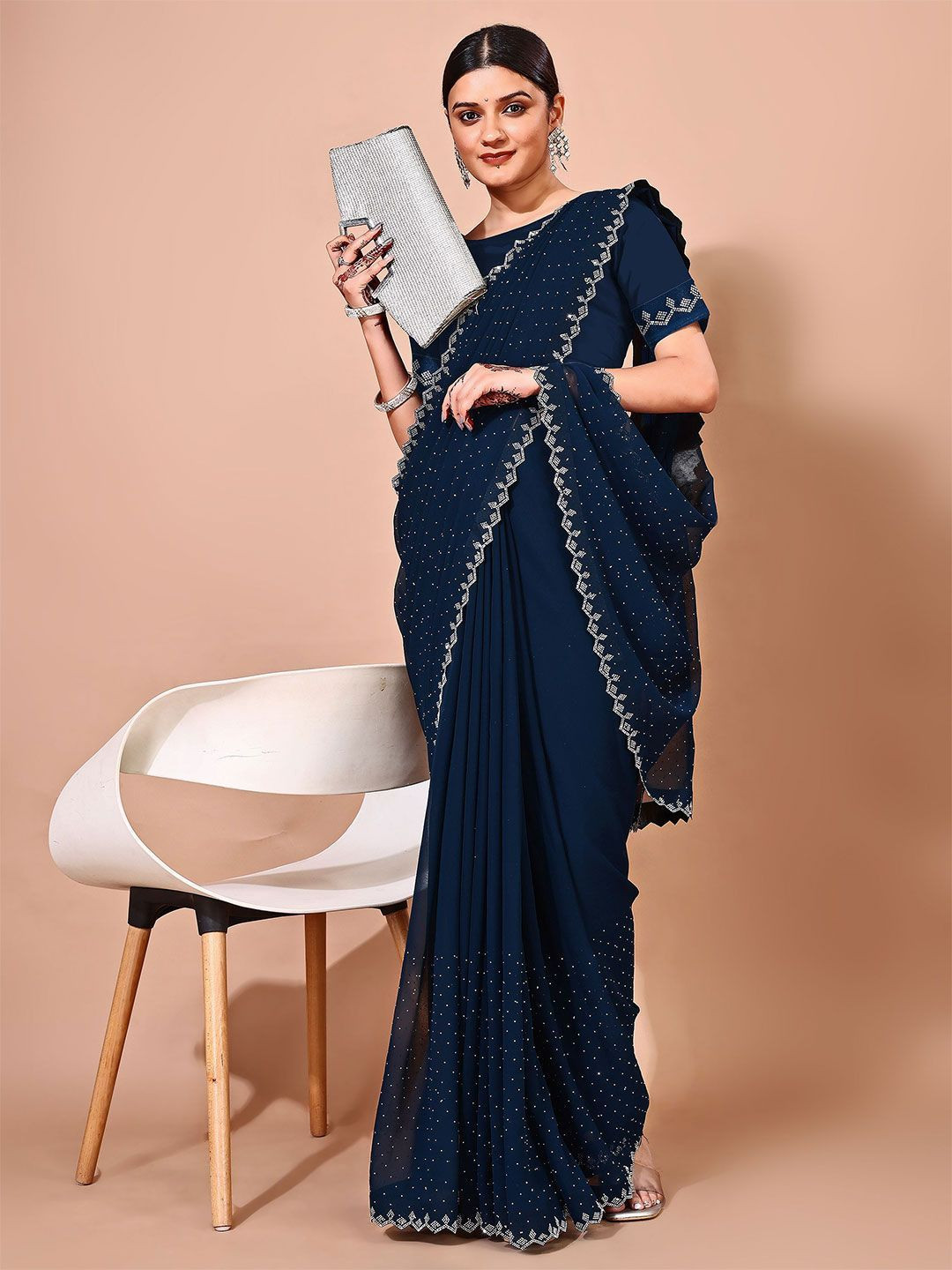 Leelavati Women Embellished Beads and Stones Pure Chiffon Saree