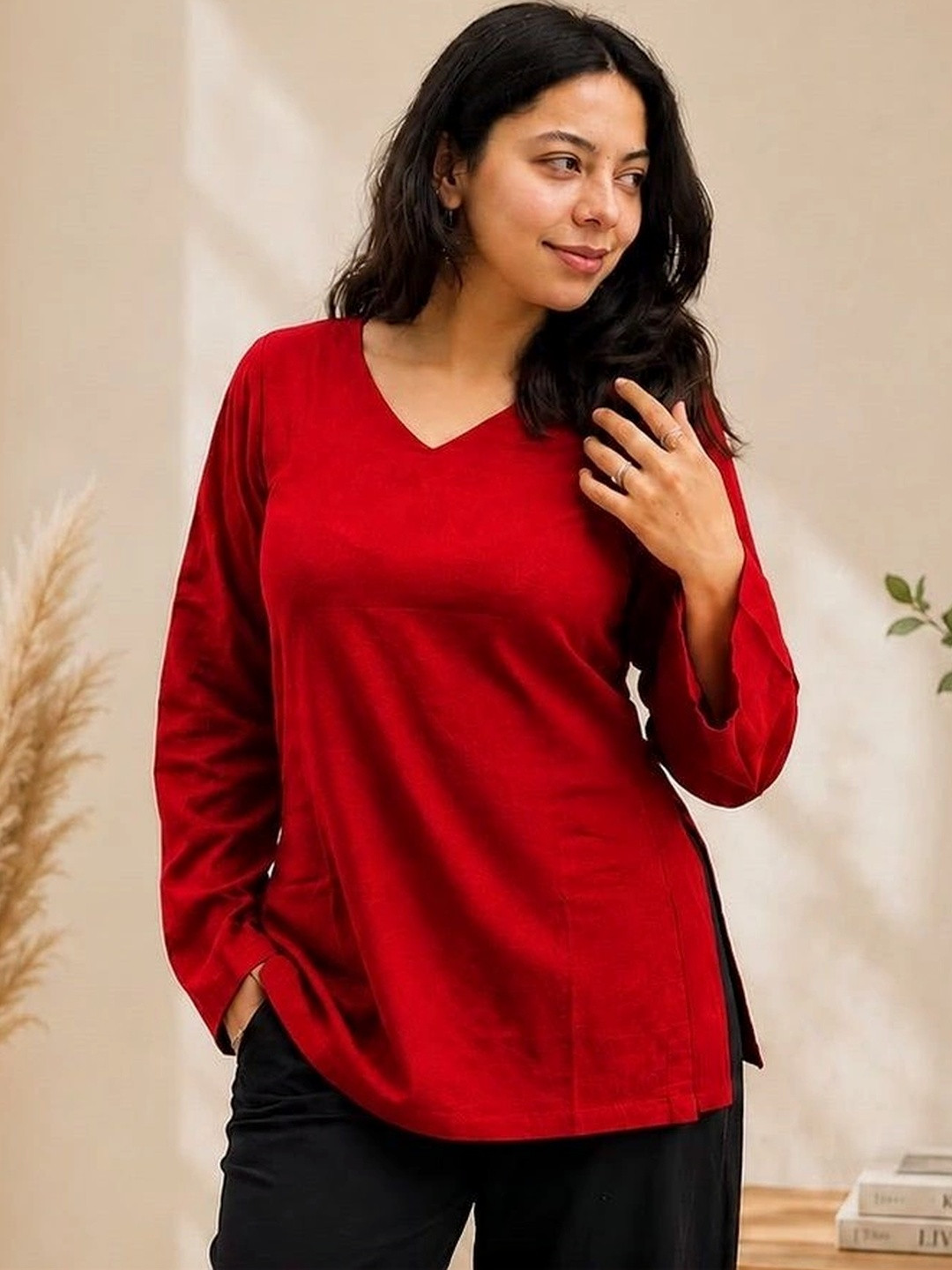 SGRF Women's Red Solid V-Neck Long Sleeve Relaxed Fit Tunic Top