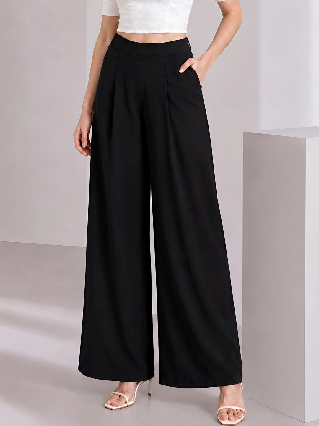 STYLE STAMP Women High-Rise Wrinkle Free Pleated Trousers