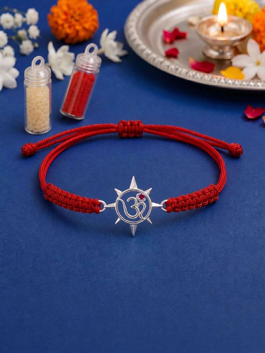Unniyarcha 925 Pure Silver Om and Sun rays Rakhi with Roli Chawal Set