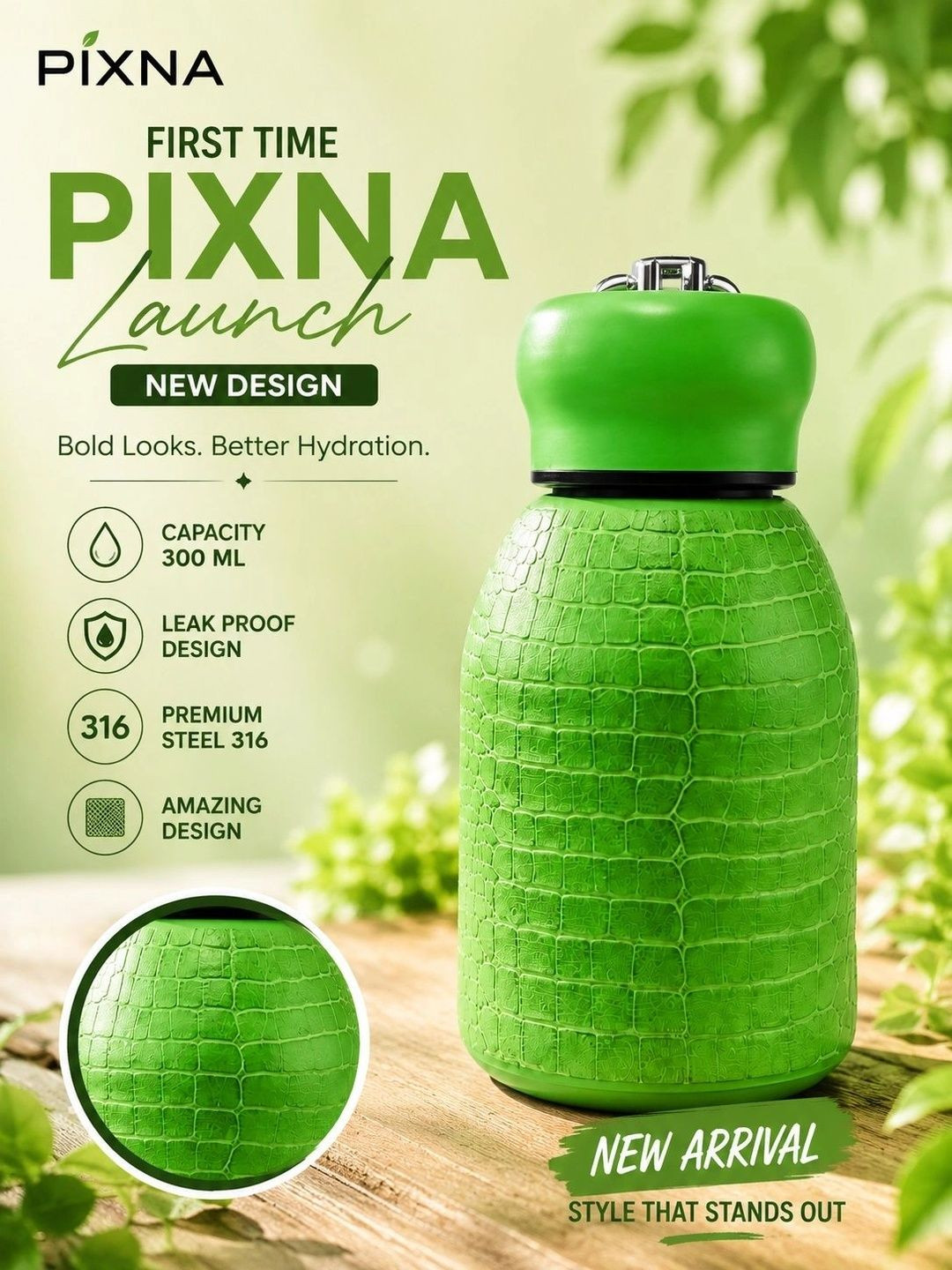 PIXNA Green Single Stainless Steel Floral Double Wall Vacuum Water Bottle
