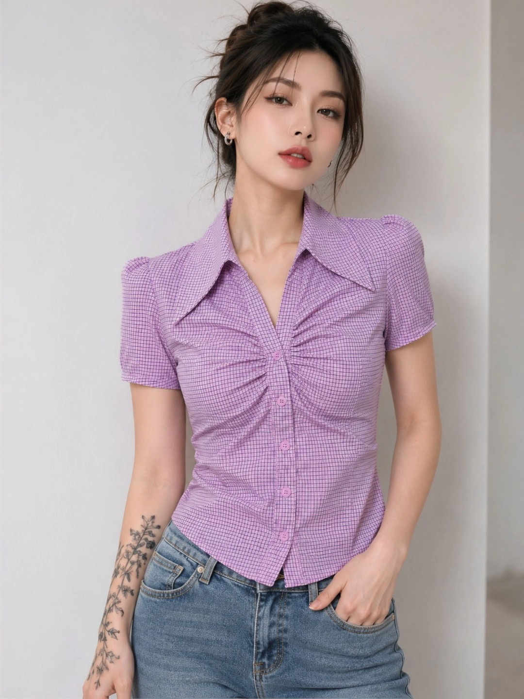 MINTBLU Checked Puff Sleeve Top