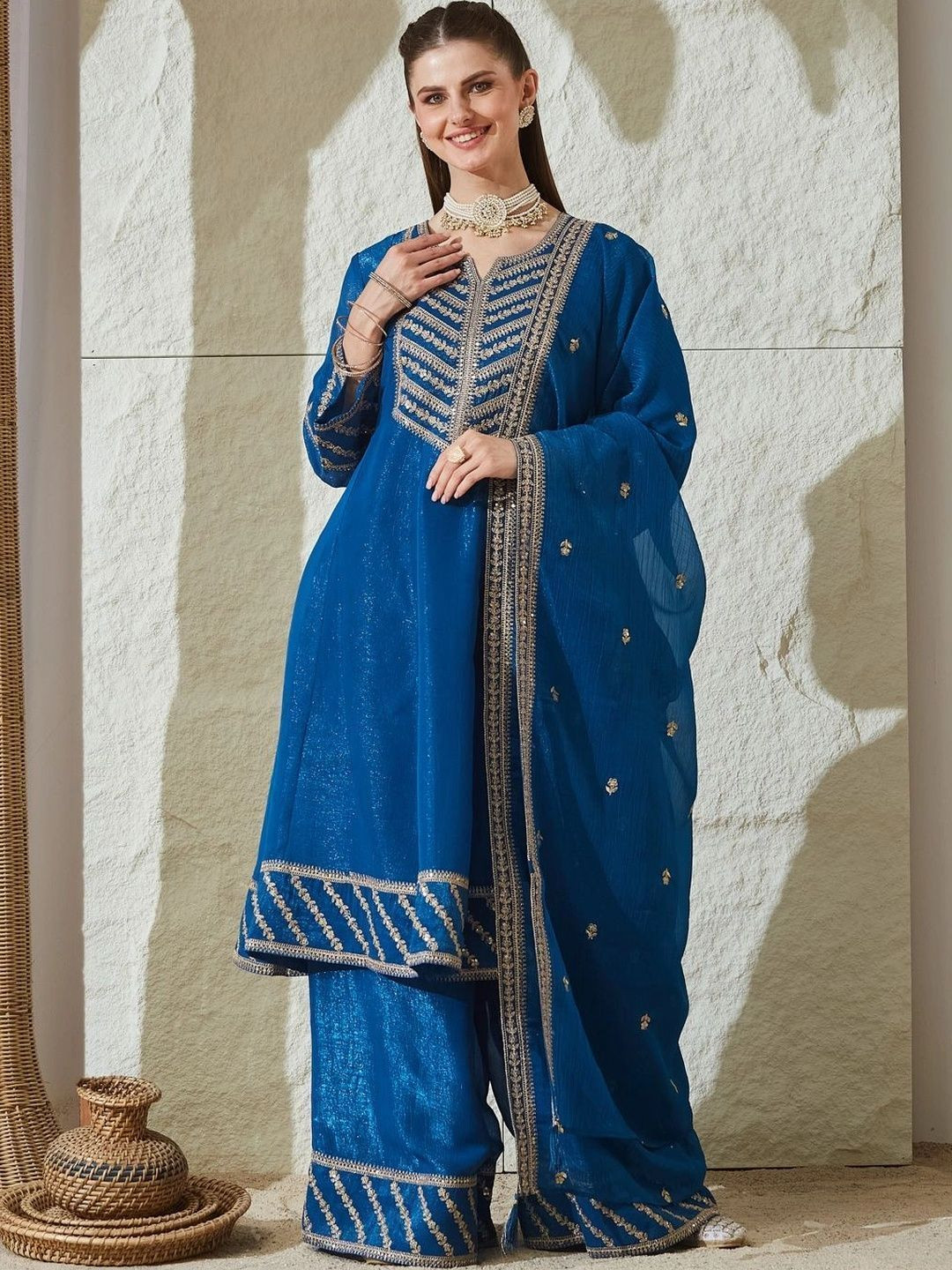 MOKOSH Women Embroidered Anarkali Kurta and Palazzo Set with Dupatta