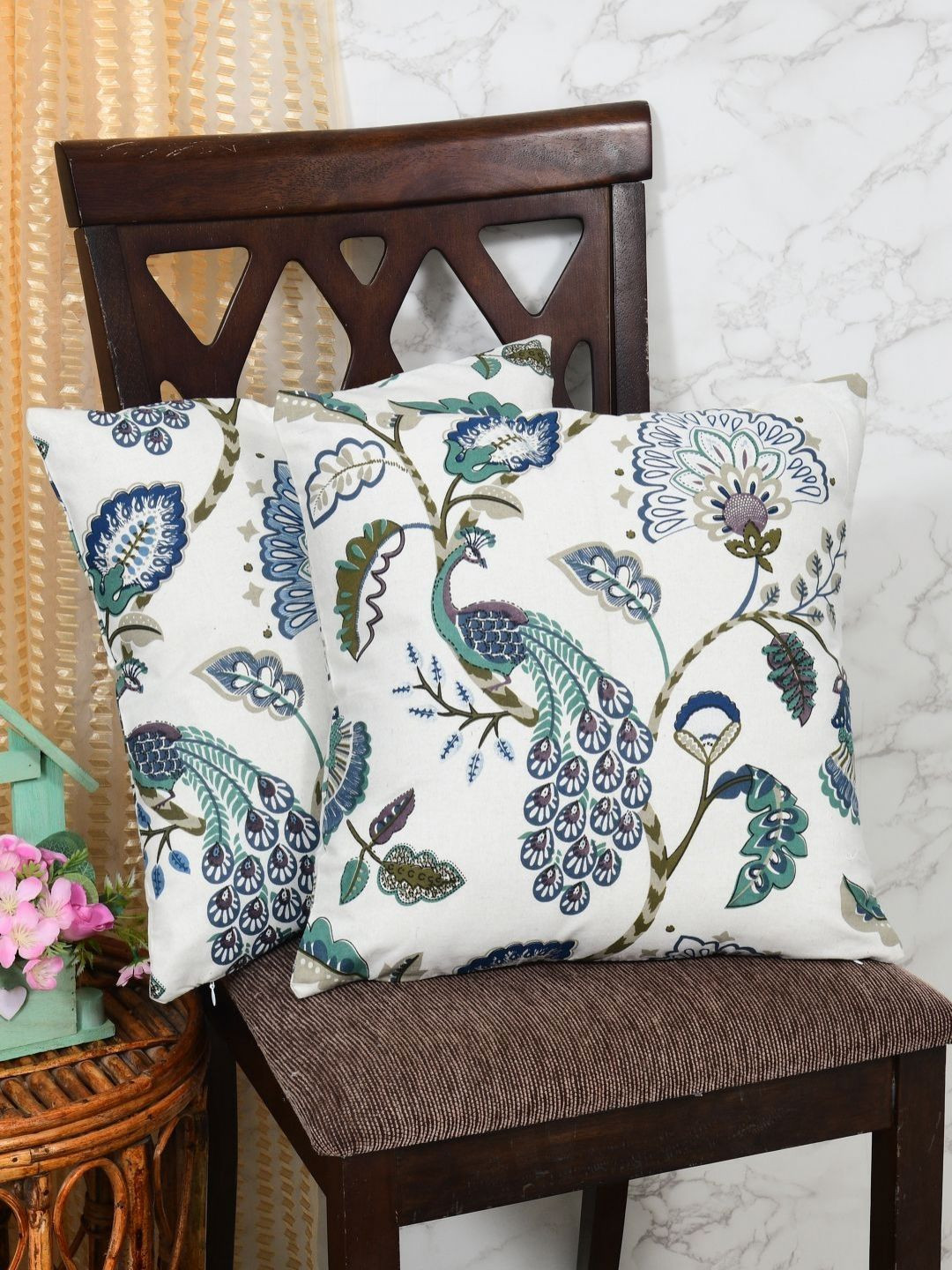 Clasiko Blue Floral Cotton Washable 2 Piece Square Cushion Covers - 24 x 24 Inches